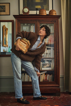 MIREILLE V Neck Sweater - 100% Cruelty Free Merino Wool in chocolate - Spanish Merino Wool Cardigan - L'Envers