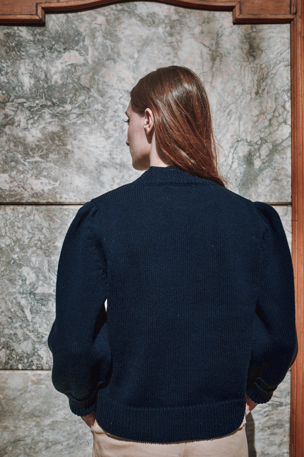 NATHALIE Puff Sleeve Sweater in Merino Wool - Navy Blue