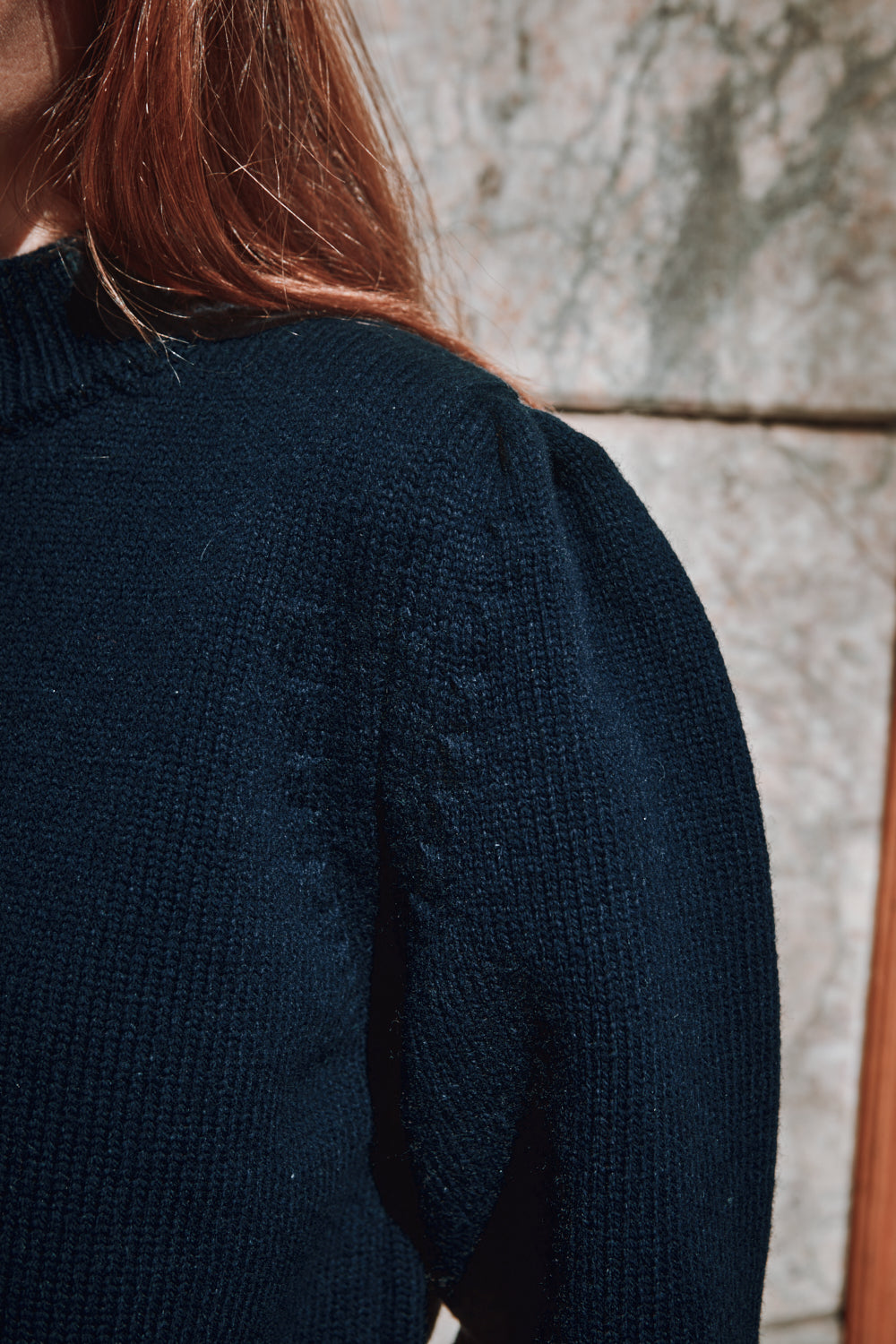 NATHALIE Puff Sleeve Sweater in Merino Wool - Navy Blue