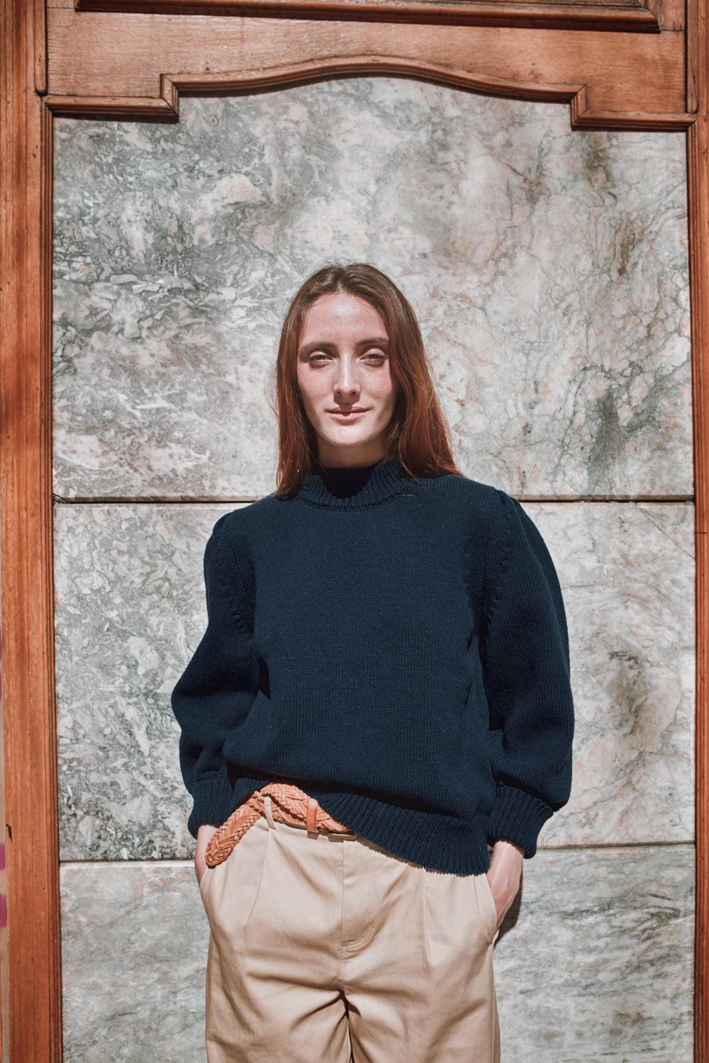 NATHALIE Puff Sleeve Sweater in Merino Wool - Navy Blue | L'Envers