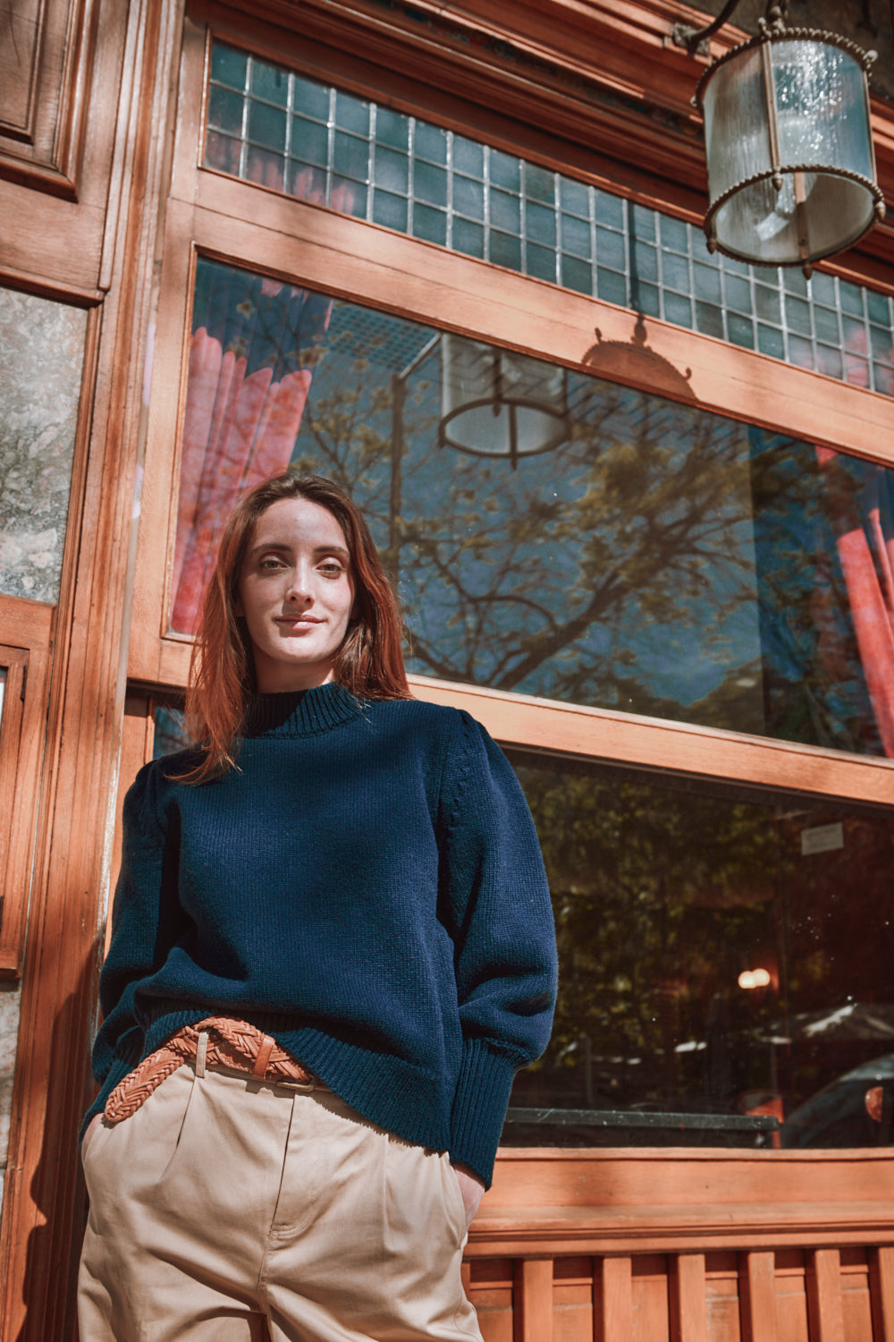 NATHALIE Puff Sleeve Sweater in Merino Wool - Navy Blue