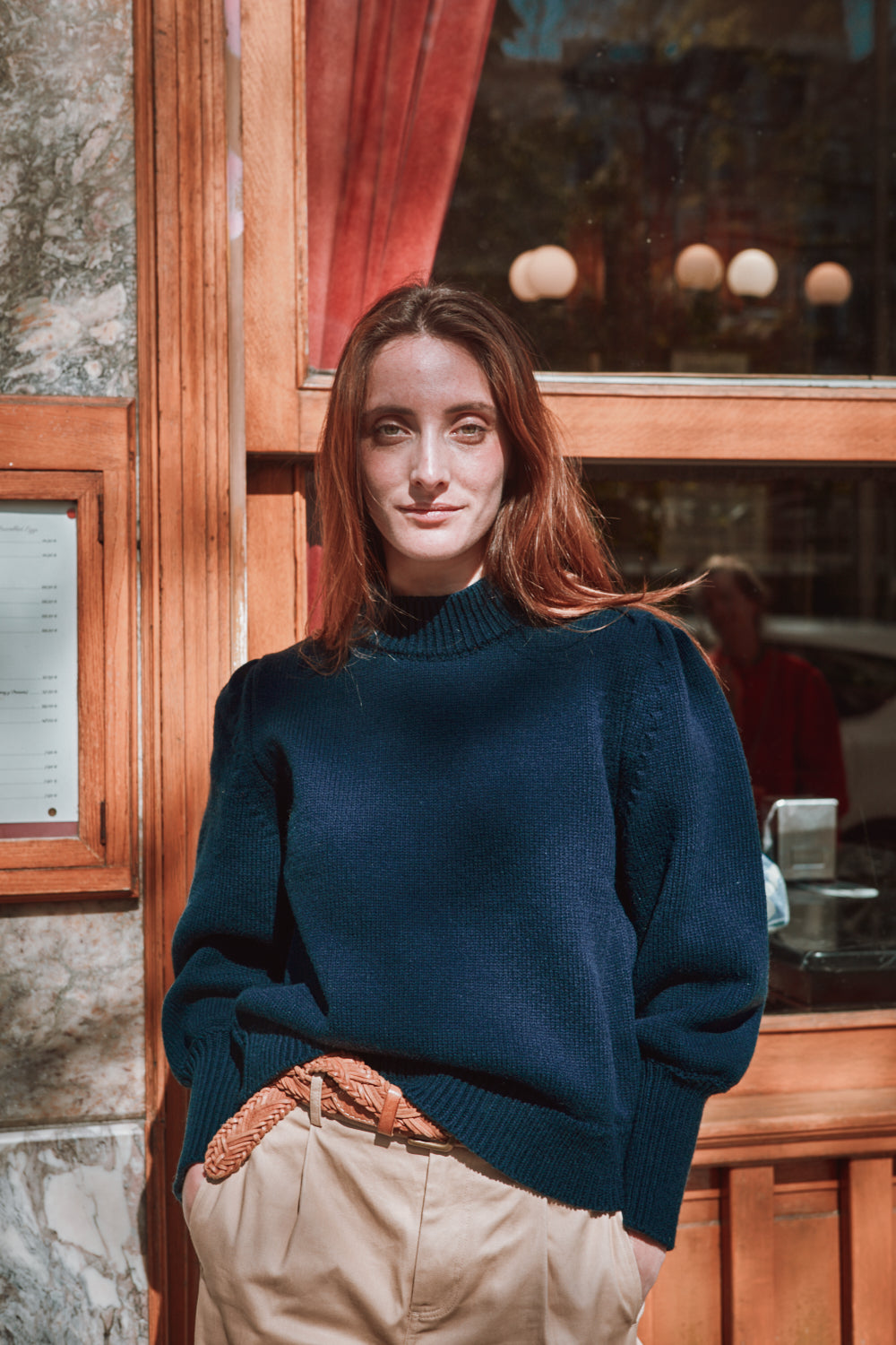 NATHALIE Puff Sleeve Sweater in Merino Wool - Navy Blue