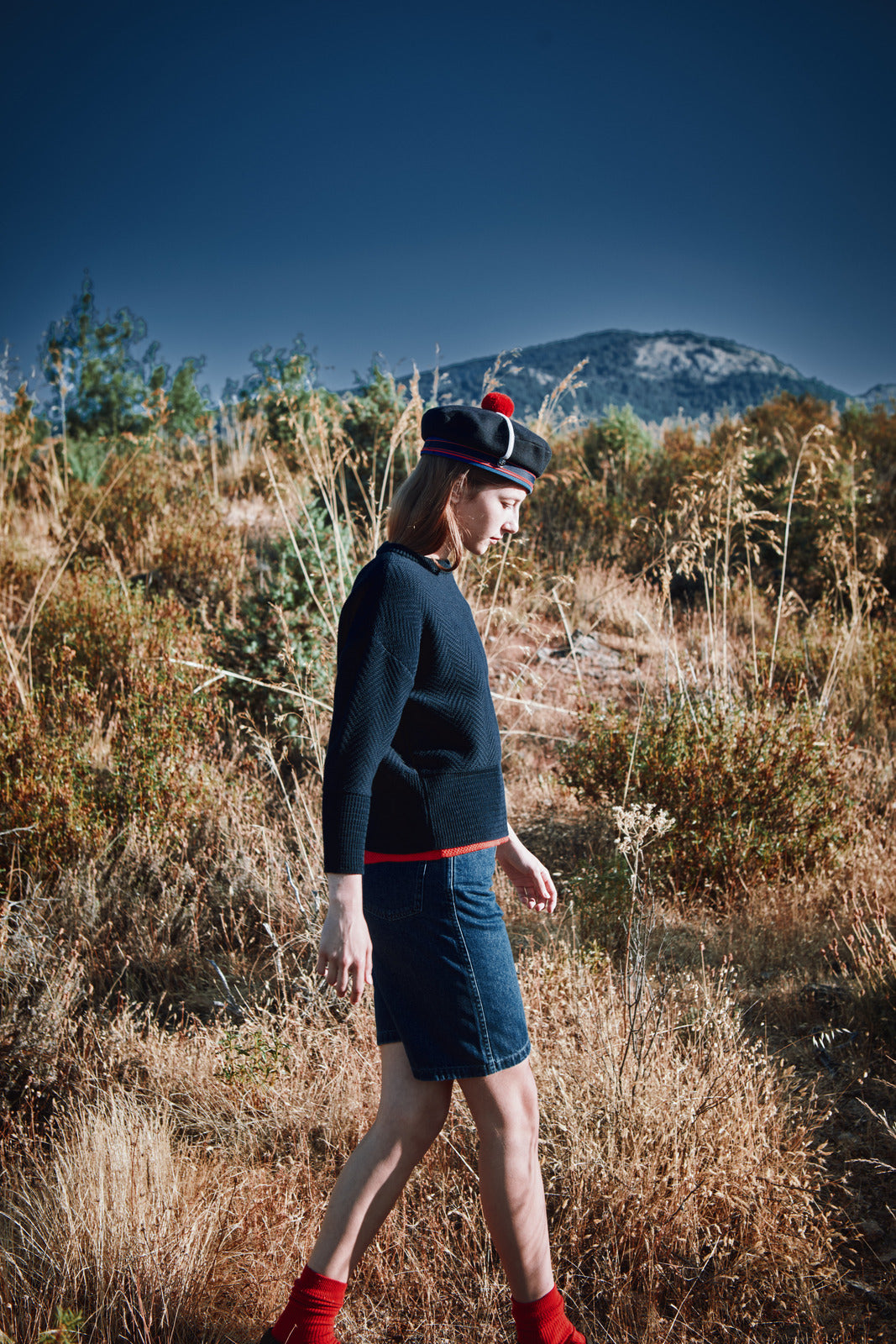 NELLIE Chevron Sweater in Organic Cotton - Navy