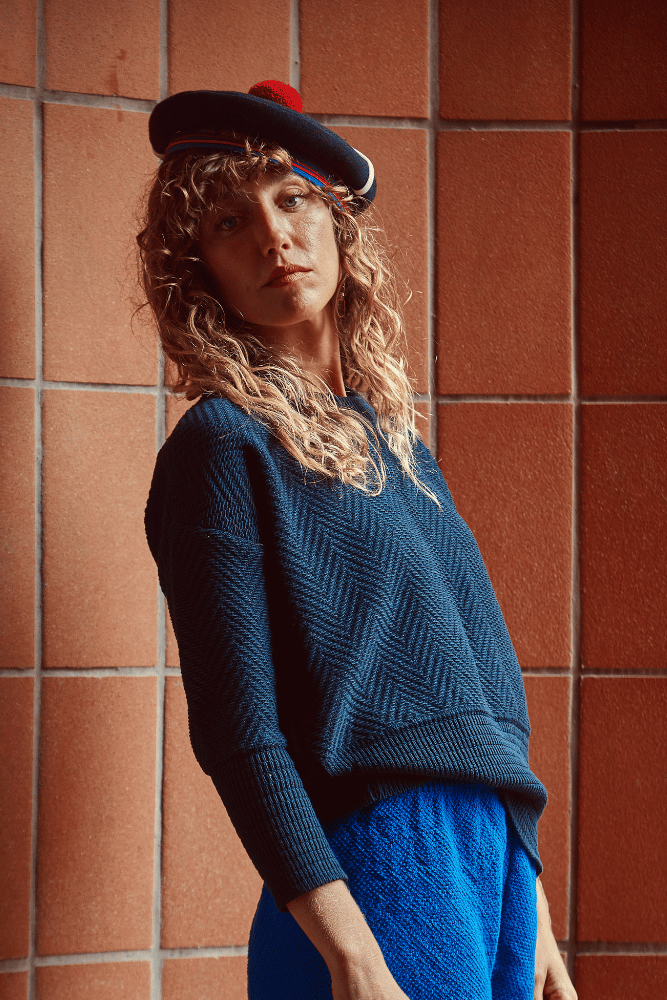 NELLIE Chevron Sweater in Organic Cotton - Navy