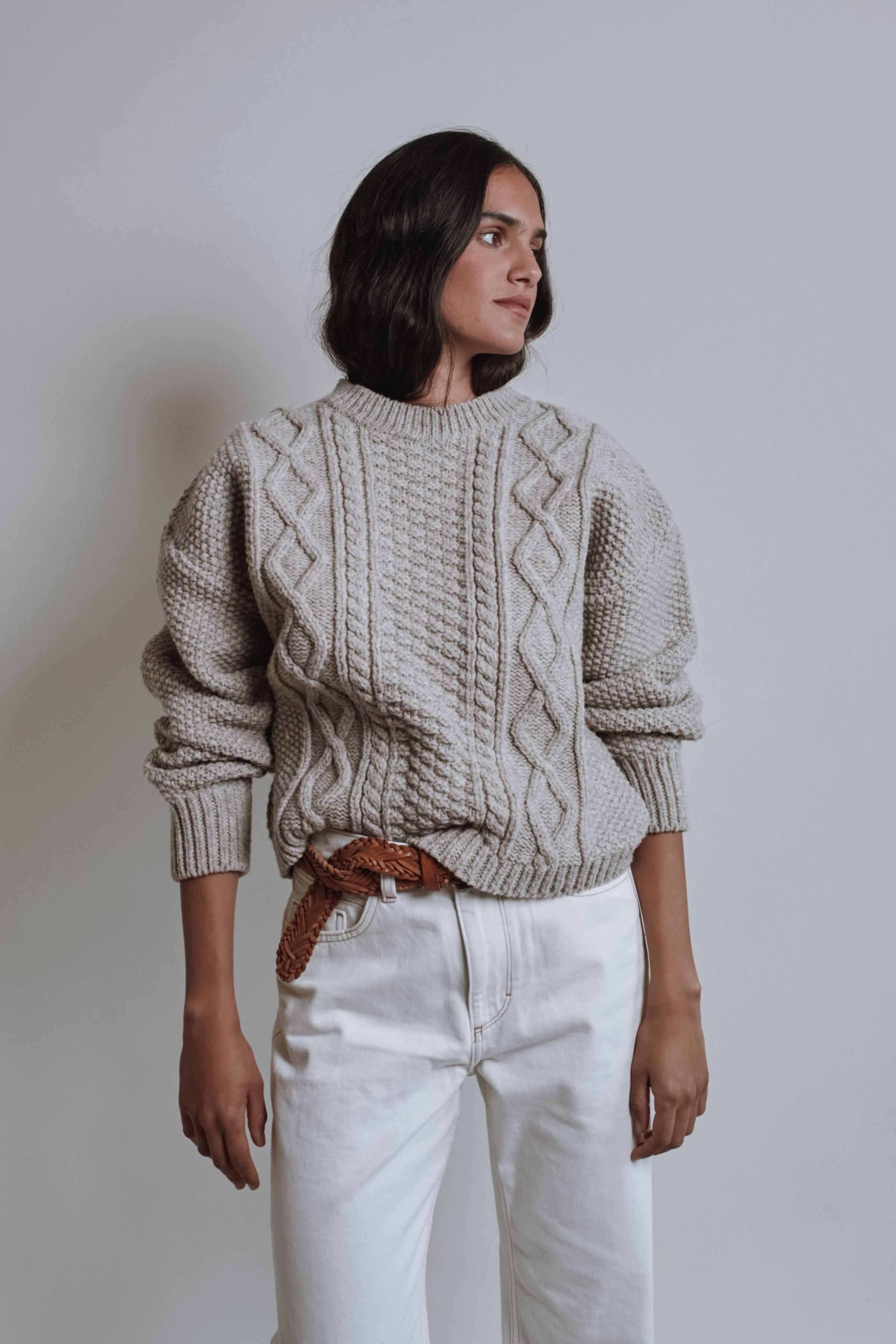 PAOLA Irish Cable Sweater in Merino Wool - Beige