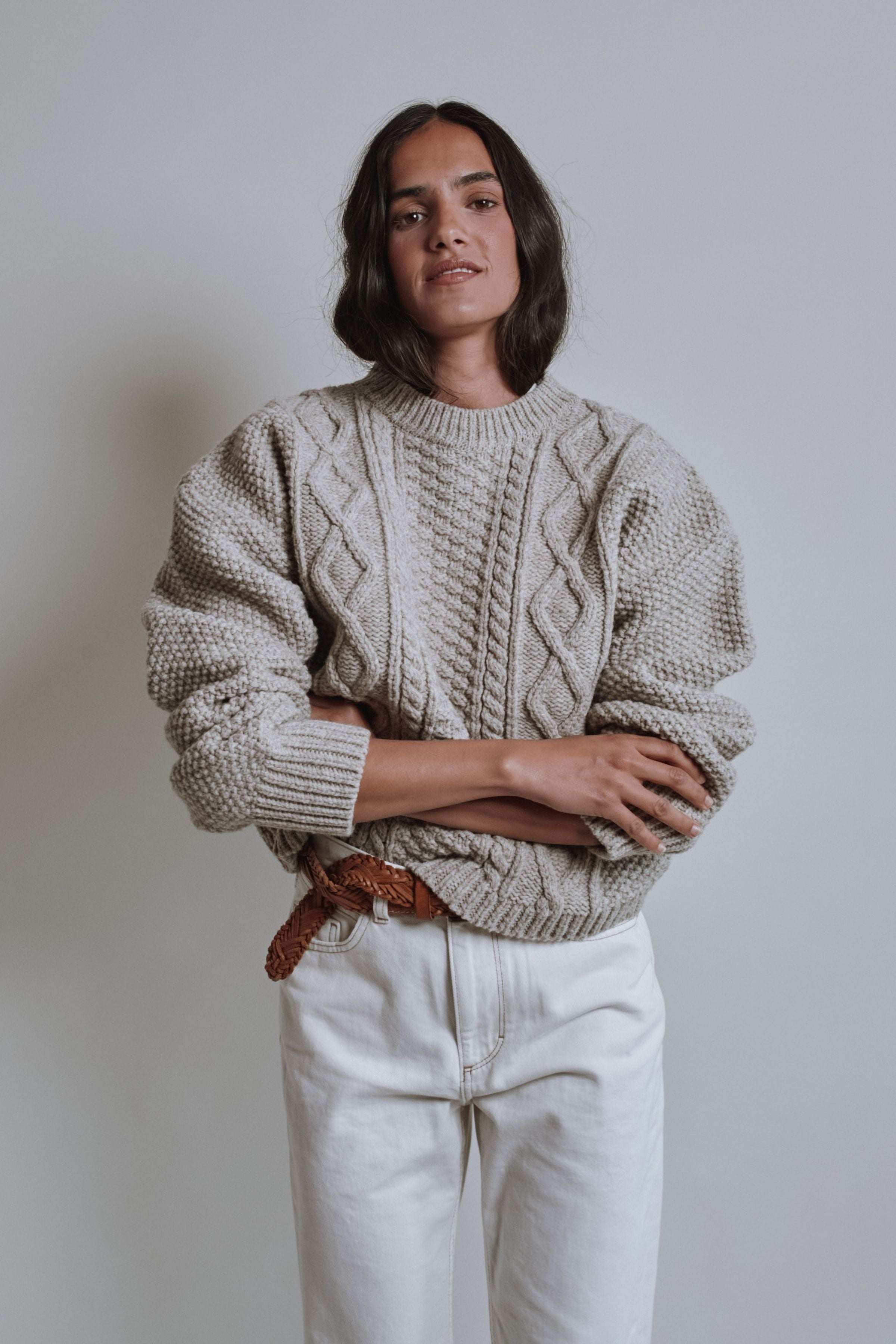 PAOLA Irish Cable Sweater in Merino Wool - Beige