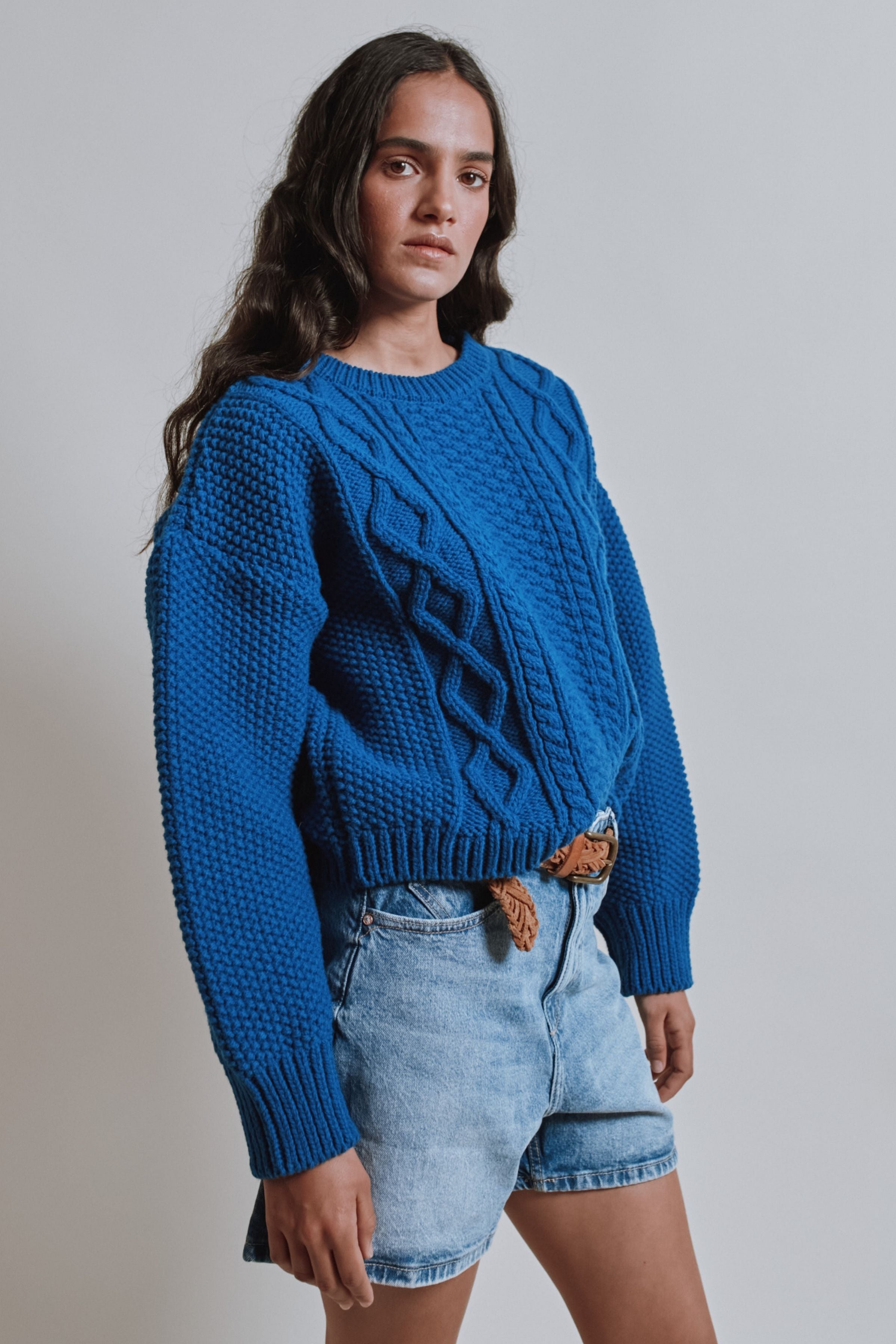 PAOLA Irish Cable Sweater in Merino Wool - Cobalt Blue