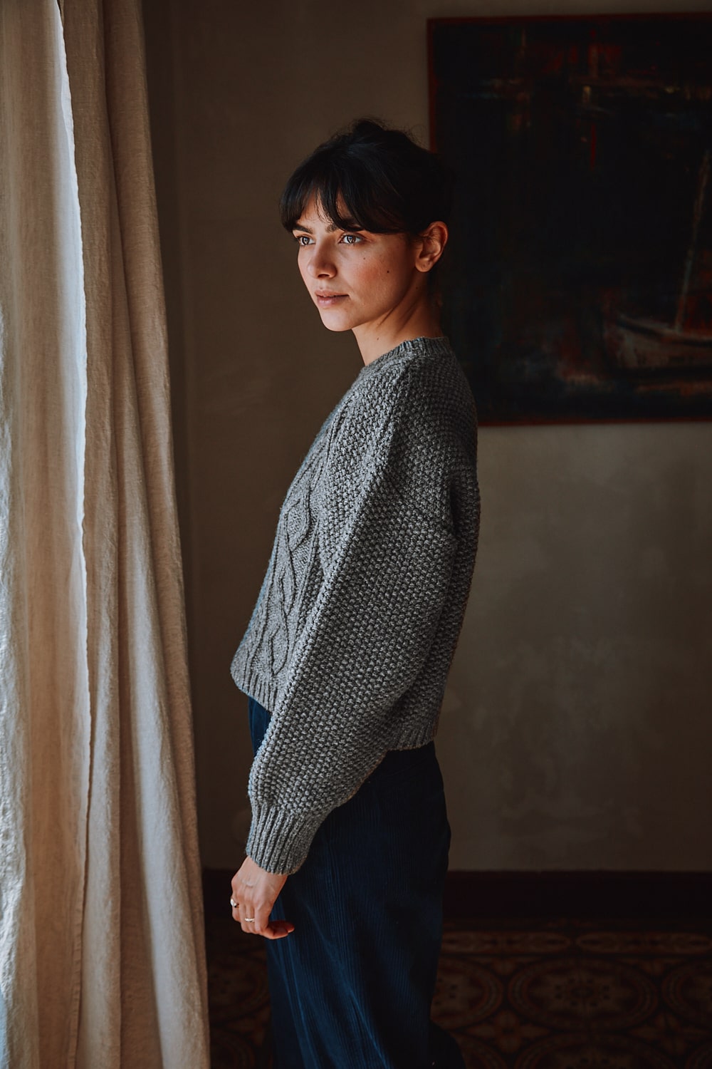 PAOLA Irish Cable Sweater in Merino Wool - Ash Grey - 100% cruelty- free and sustainable knitwear - L'envers 