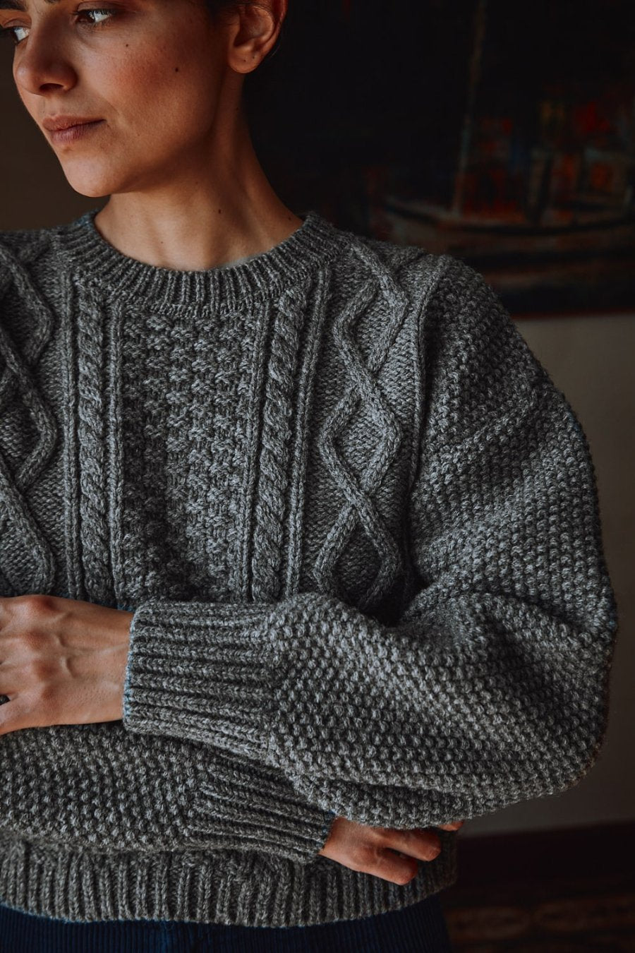 PAOLA Irish Cable Sweater in Merino Wool - Ash Grey - 100% cruelty- free and sustainable knitwear - L'envers 