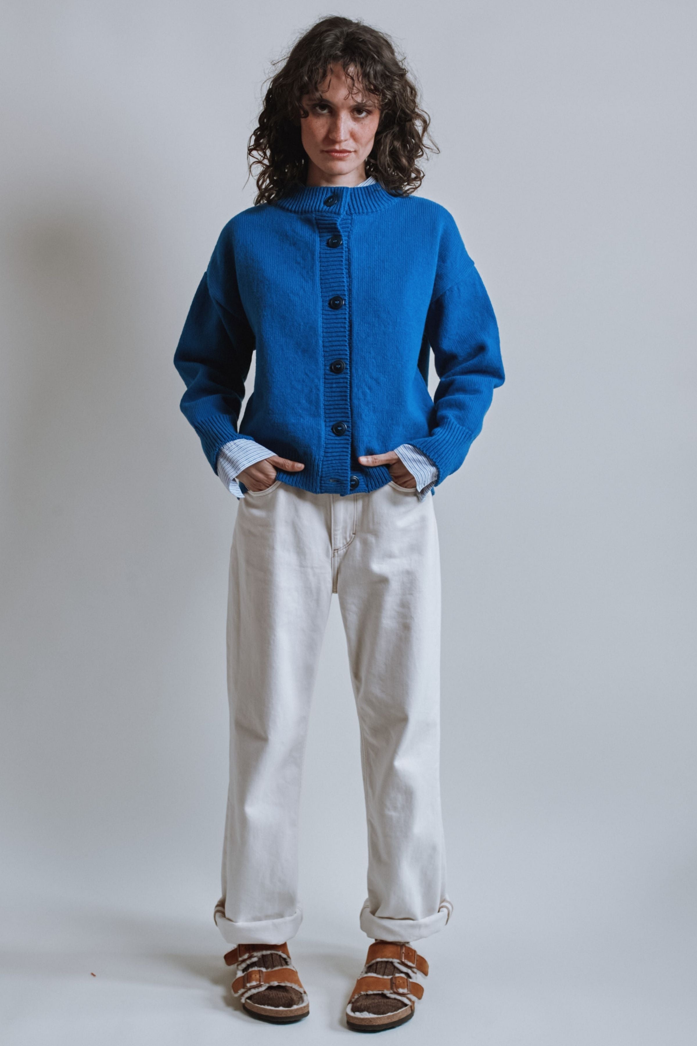 SANDRA Funnel-Neck Cardigan in Merino Wool - Cobalt Blue