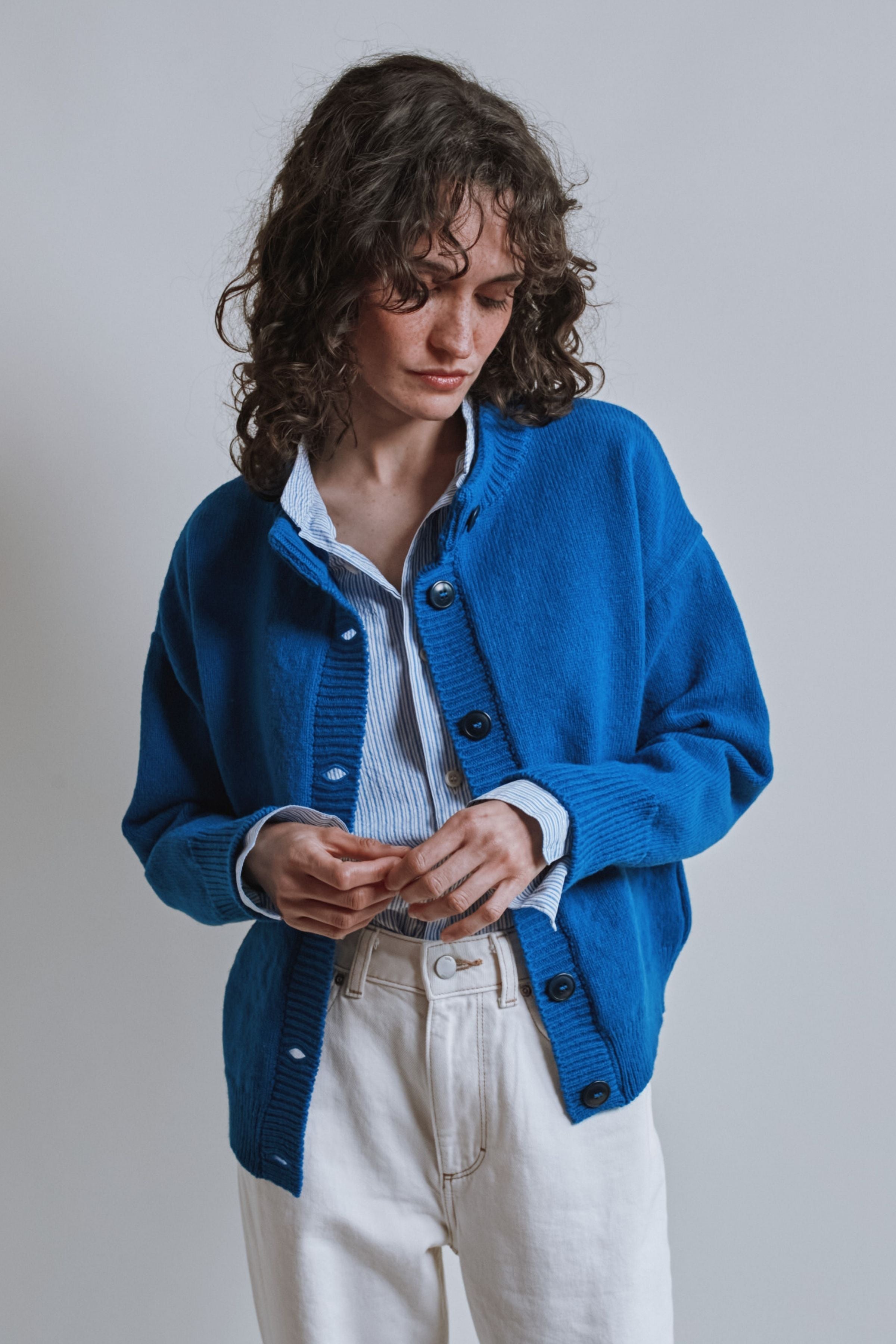 SANDRA Funnel-Neck Cardigan in Merino Wool - Cobalt Blue