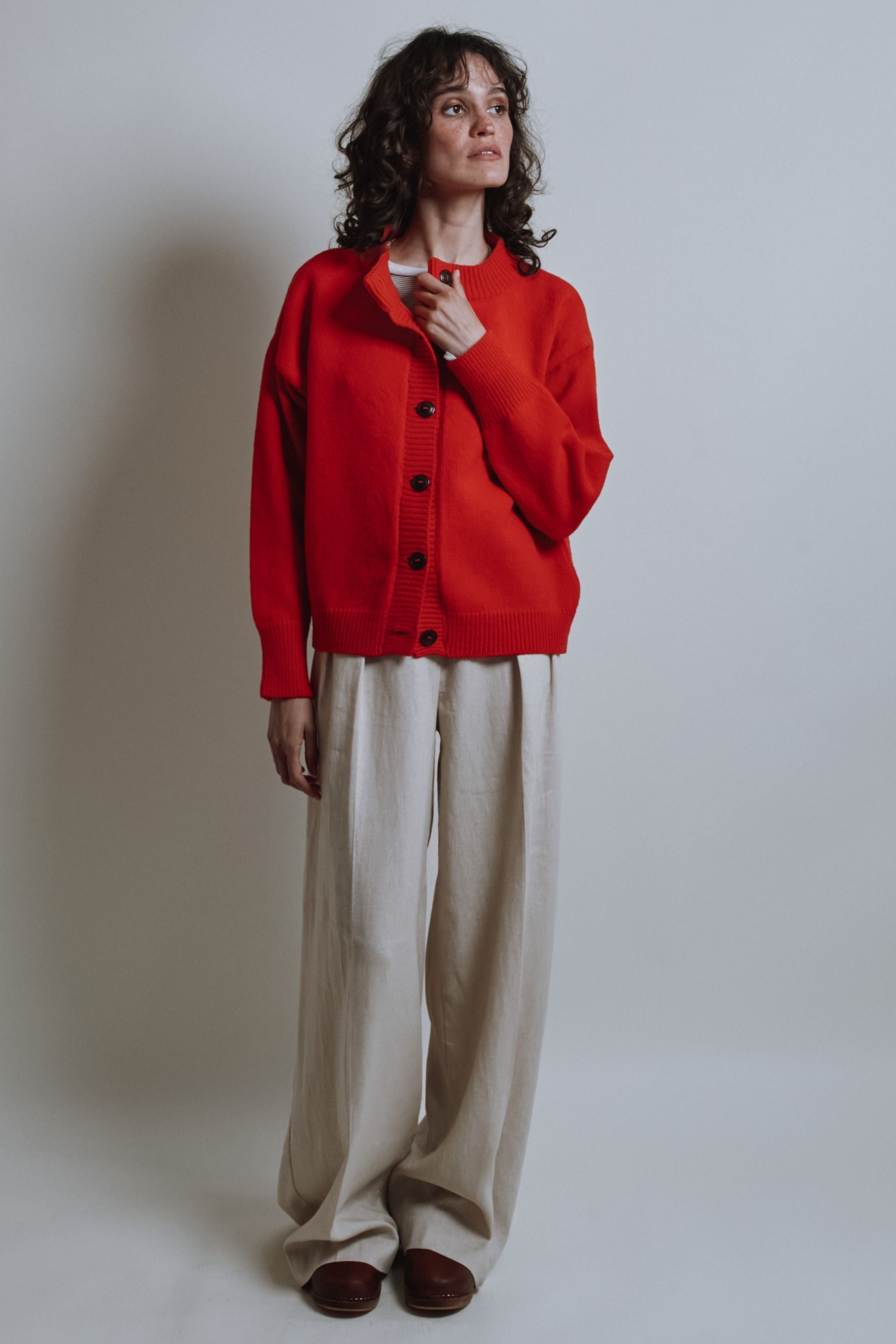SANDRA Funnel-Neck Cardigan in Merino Wool - Red