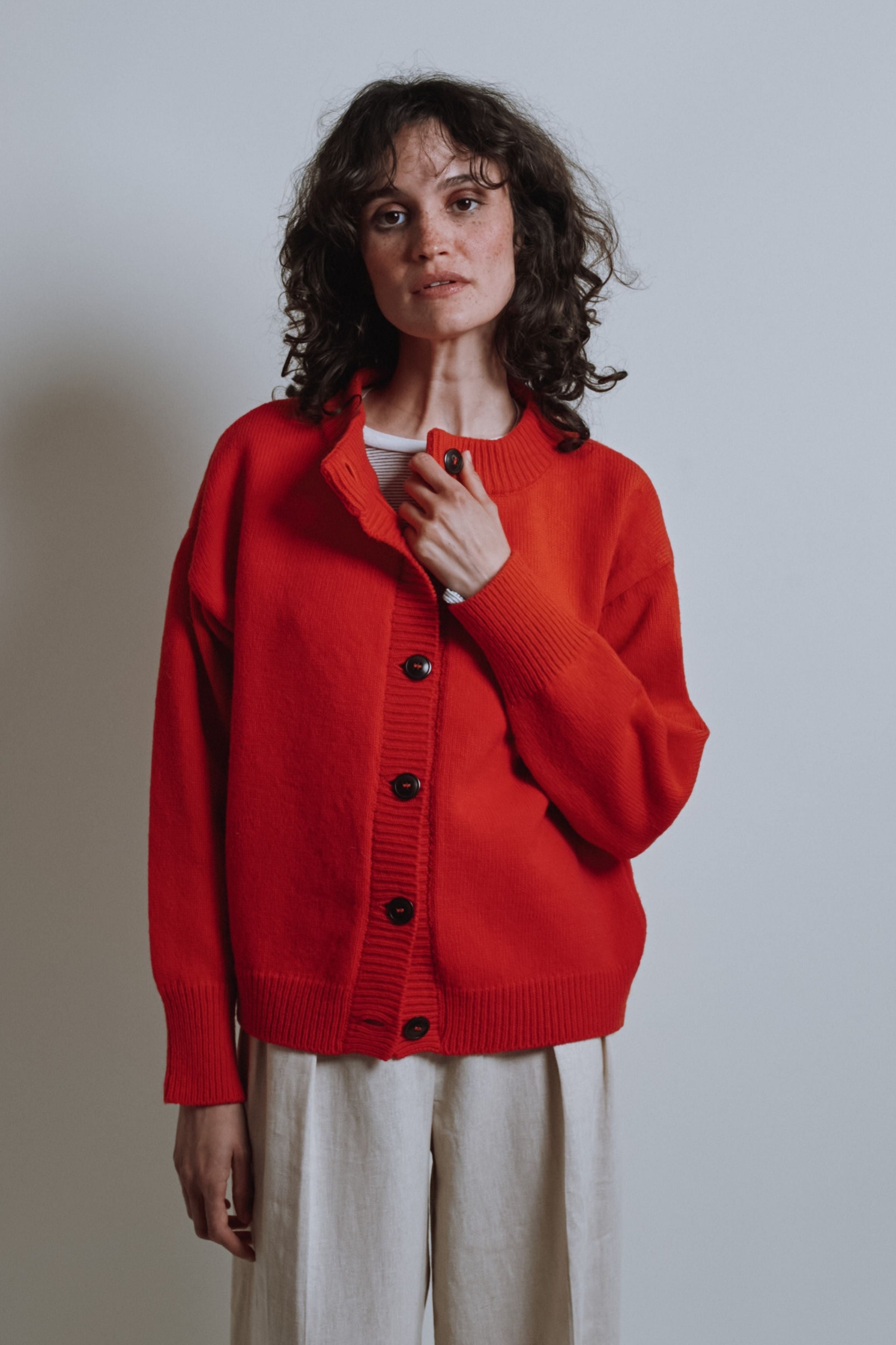 SANDRA Funnel-Neck Cardigan in Merino Wool - Red