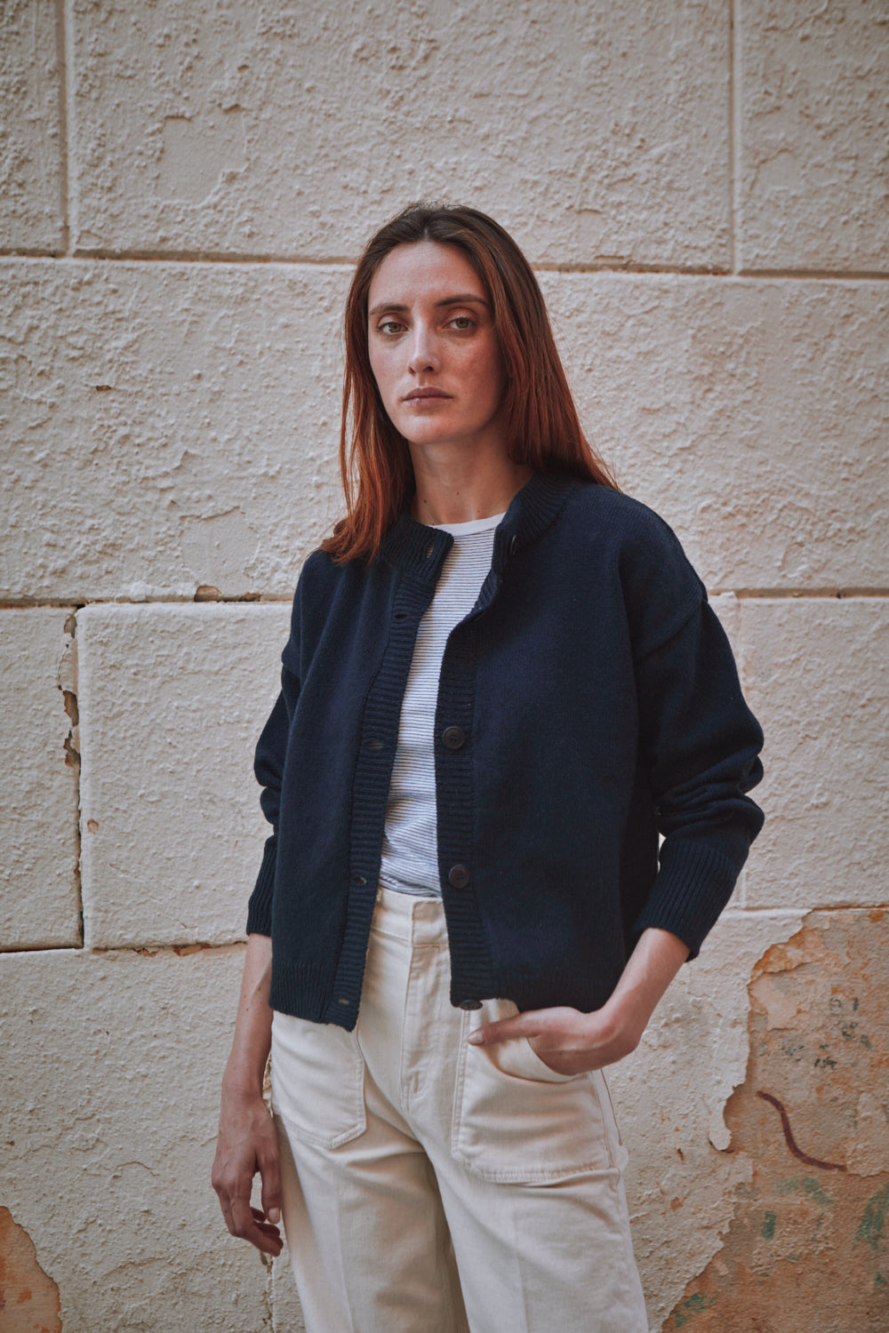 SANDRA Funnel-Neck Cardigan in Merino Wool - Navy Blue