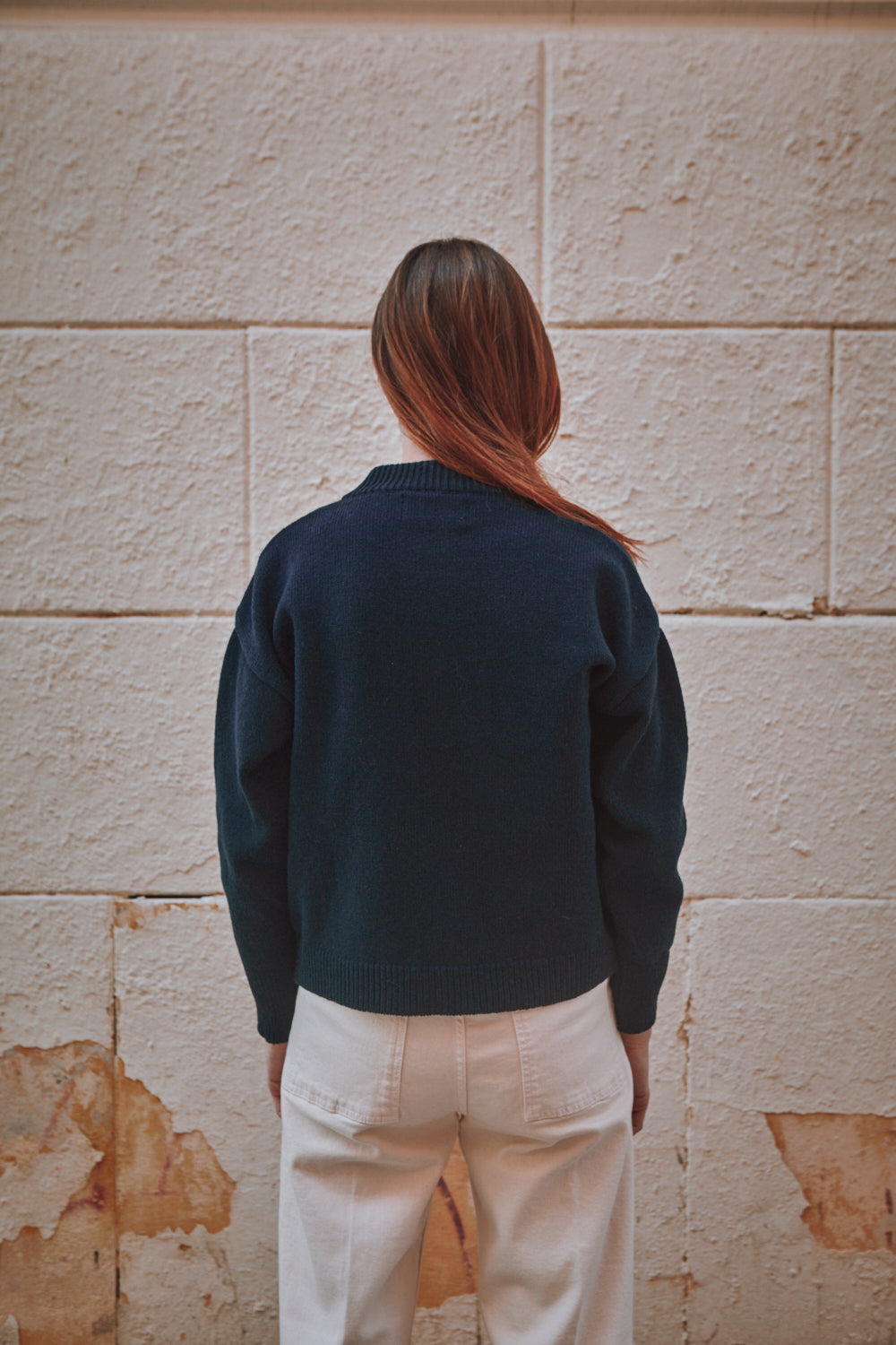 SANDRA Funnel-Neck Cardigan in Merino Wool - Navy Blue