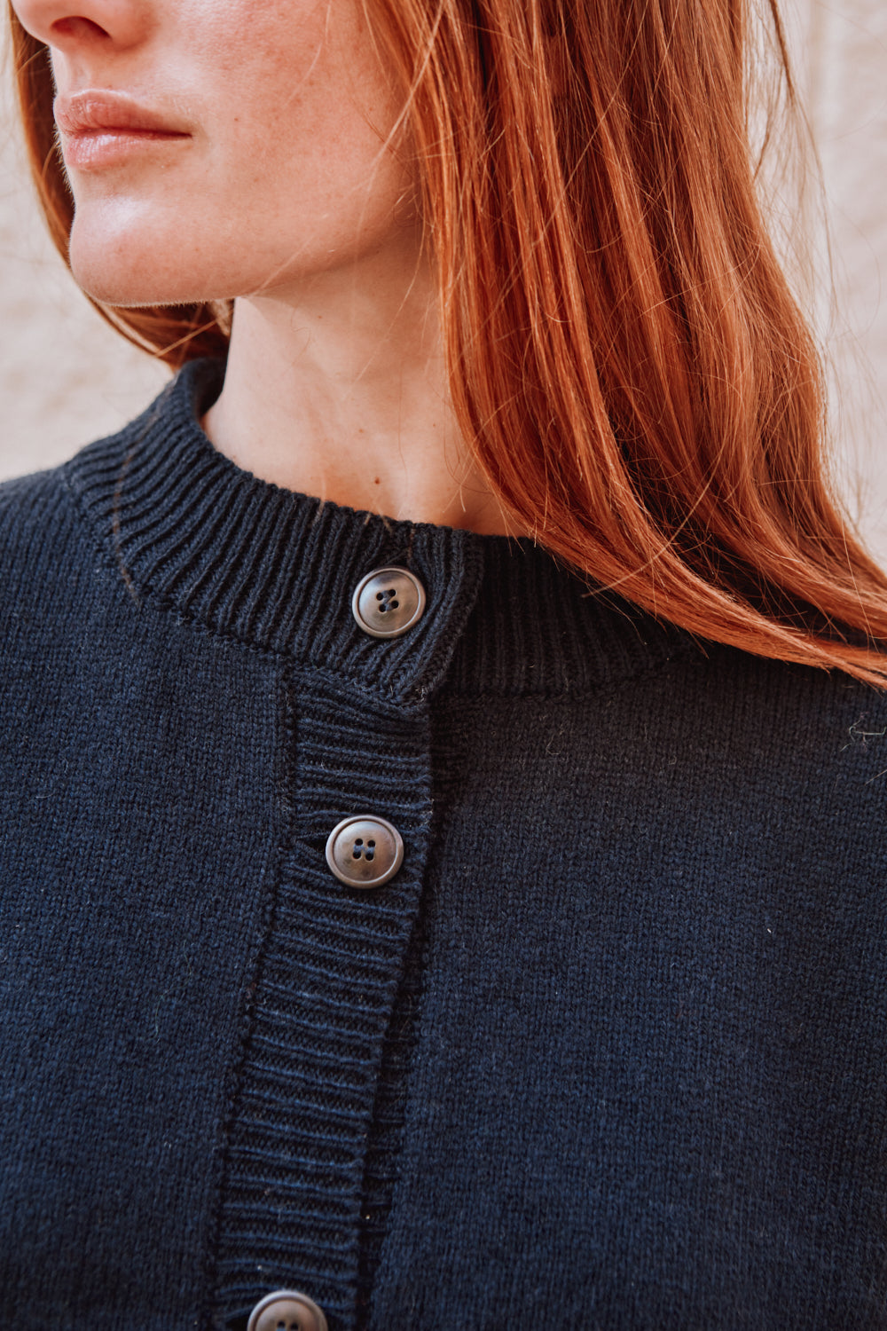SANDRA Funnel-Neck Cardigan in Merino Wool - Navy Blue