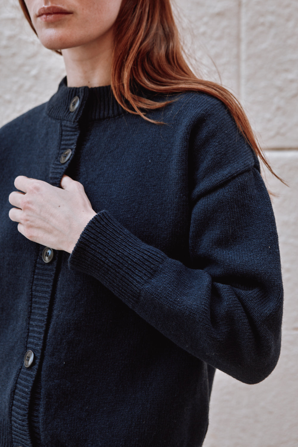 SANDRA Funnel-Neck Cardigan in Merino Wool - Navy Blue