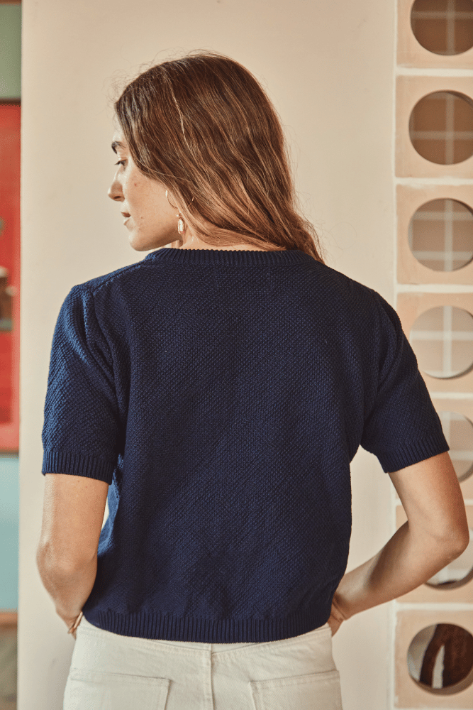 SARAH 100% Organic Cotton Short Sleeve Cardigan in Navy Blue - L'Envers