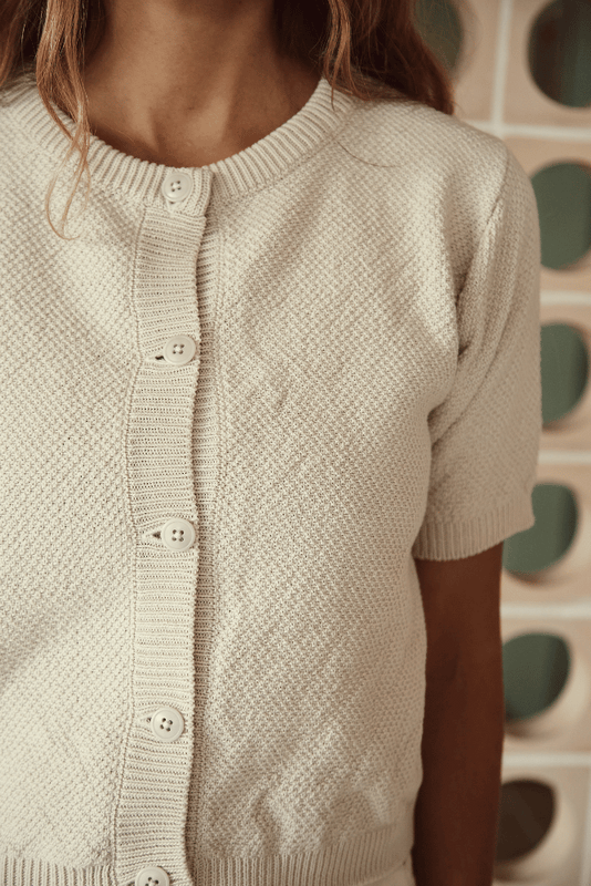 SARAH 100% Organic Cotton Short Sleeve Cardigan in Off-White - L'Envers