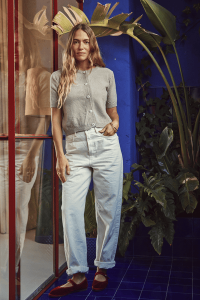 SARAH 100% Organic Cotton Short Sleeve Cardigan in Pearl Grey - L'Envers
