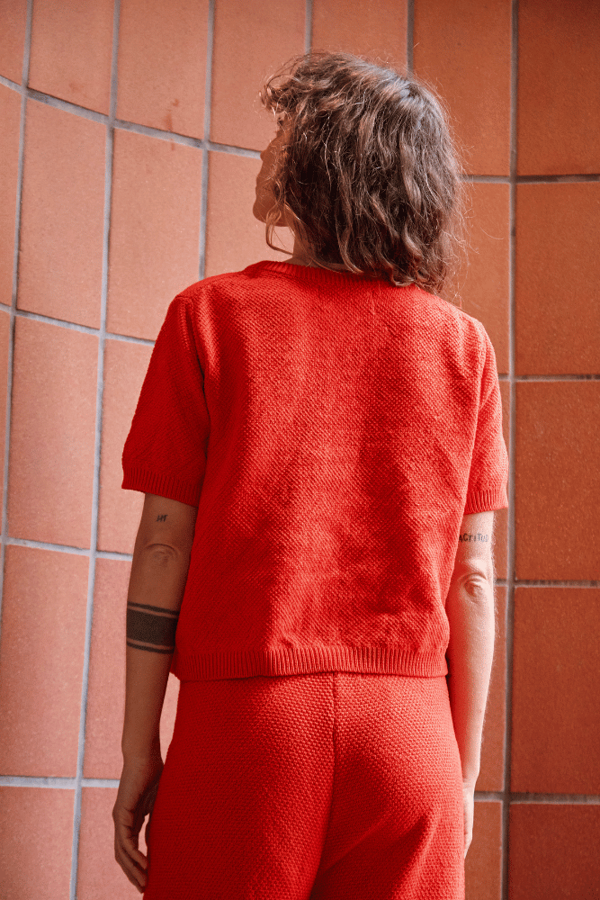 SARAH 100% Organic Cotton Short Sleeve Cardigan in Red - L'Envers