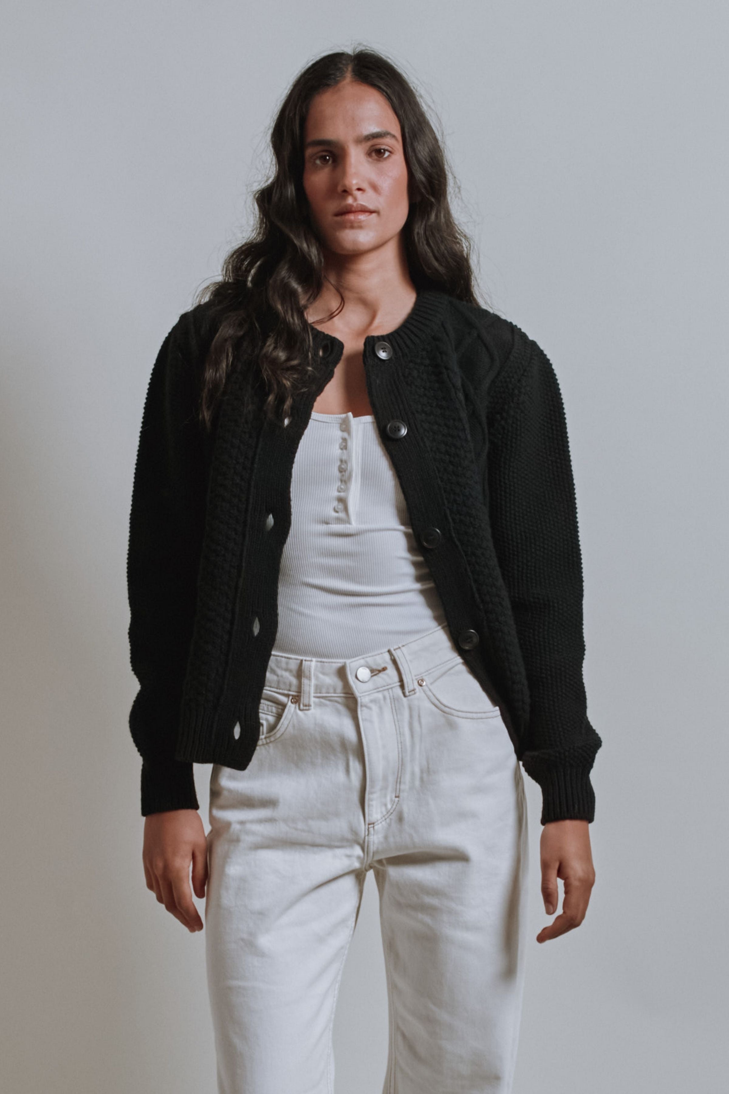 SONIA Cable Cardigan in Merino Wool - Black