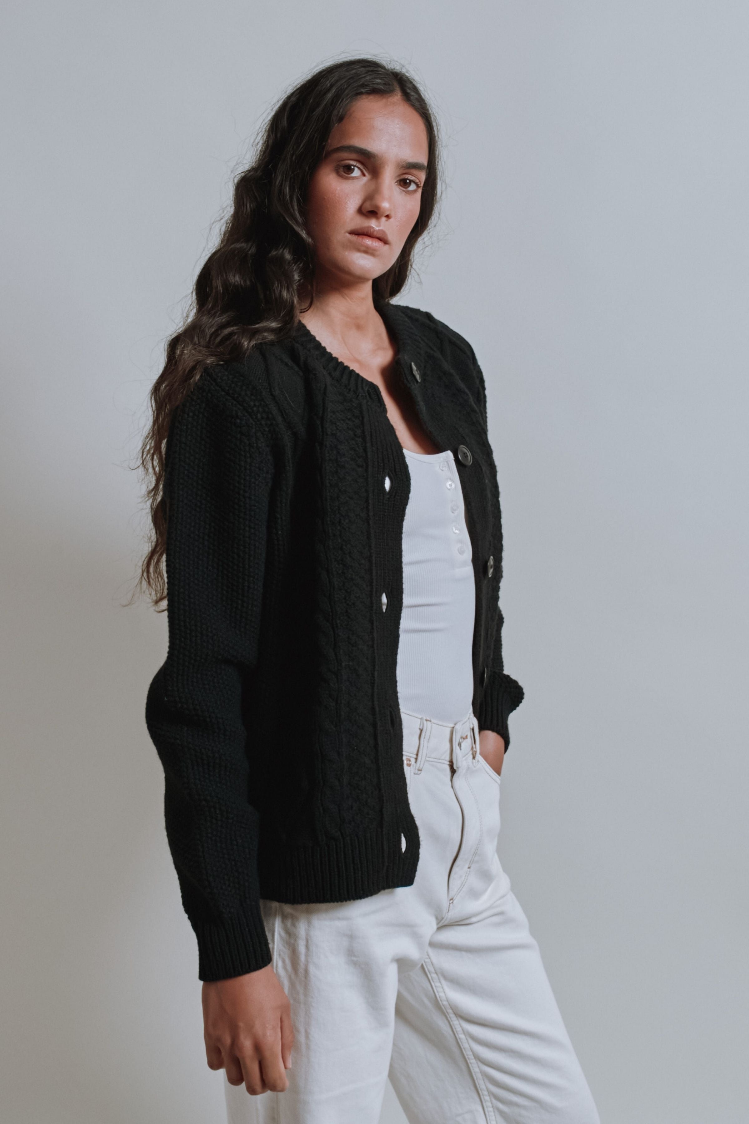 SONIA Cable Cardigan in Merino Wool - Black