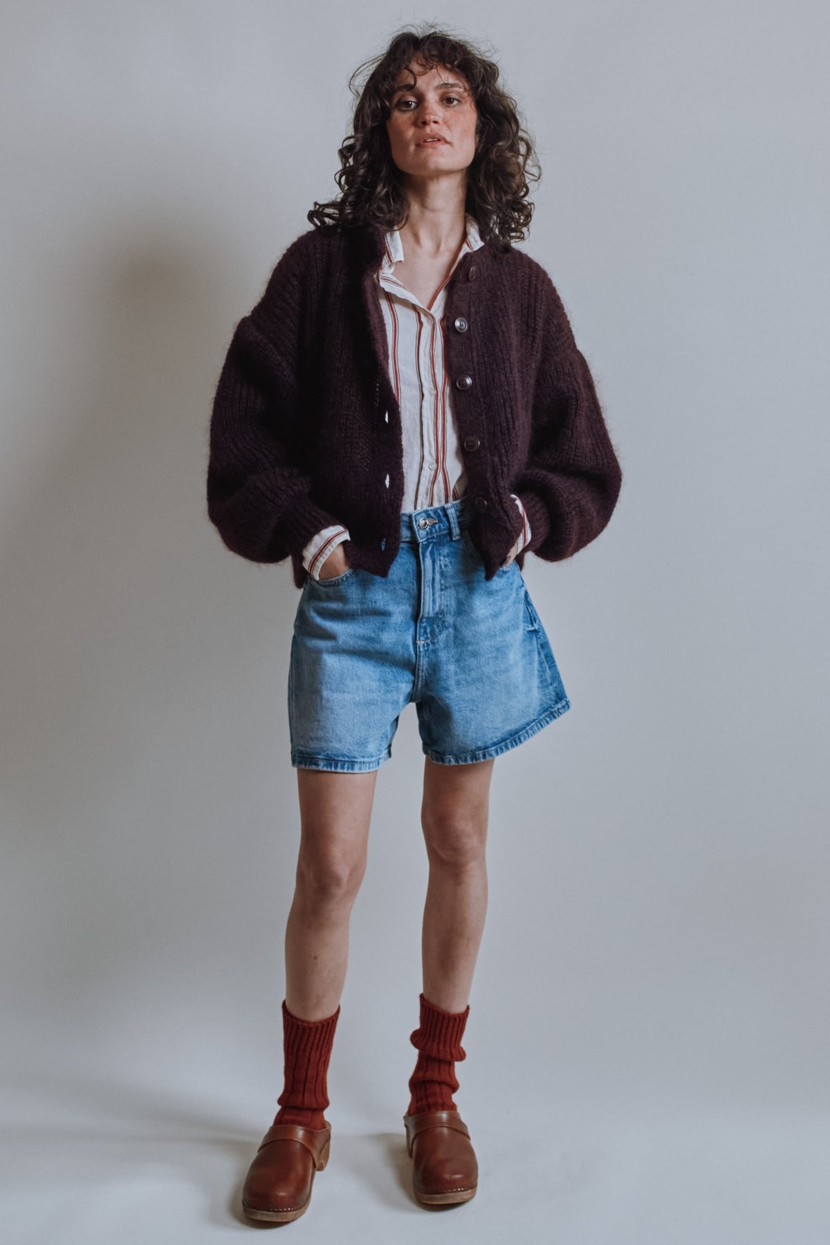 DIANA Balloon-Sleeve Cardigan in Mohair Wool - Plum
