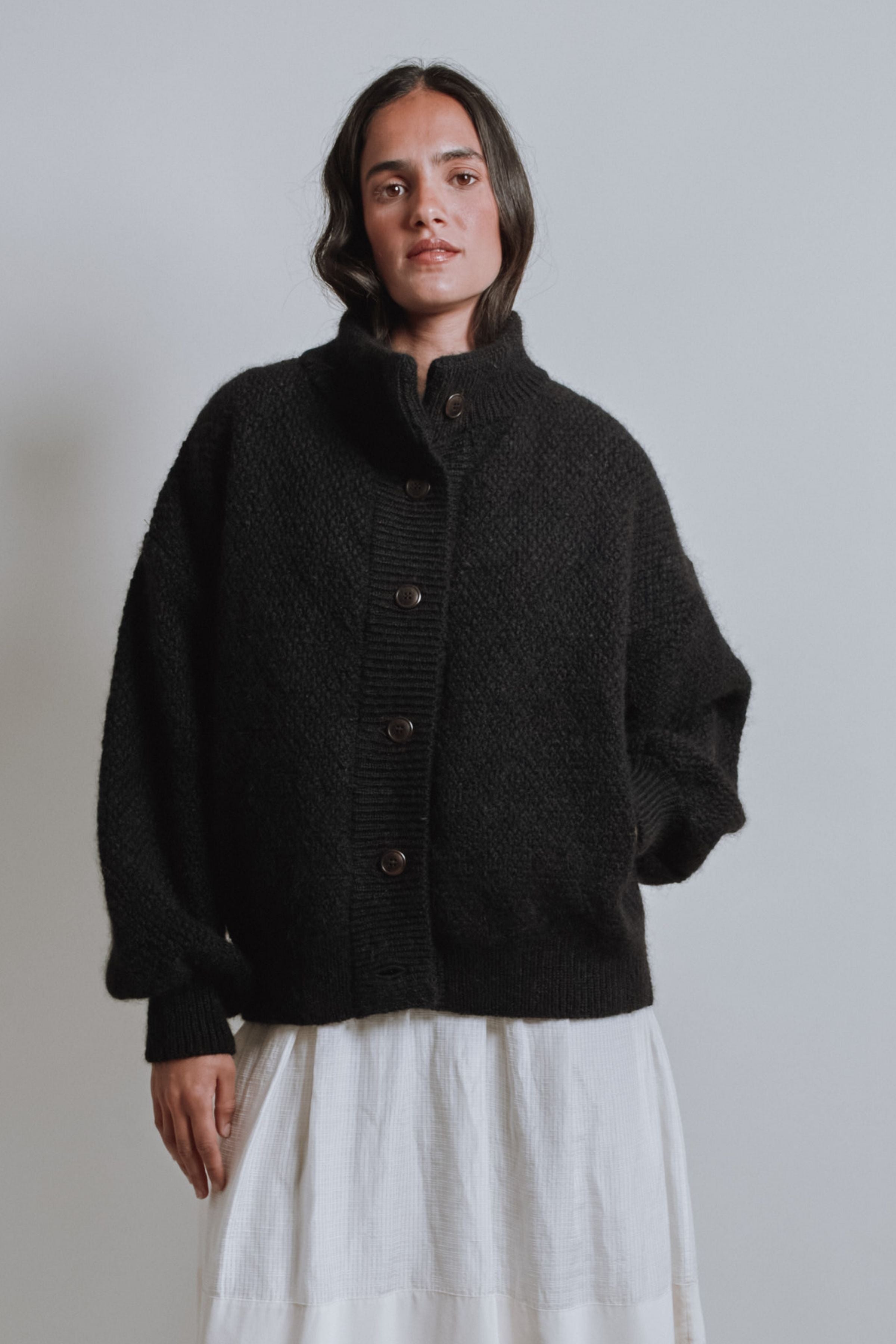 Veste à col montant GEORGE en laine mérinos et mohair - Noir