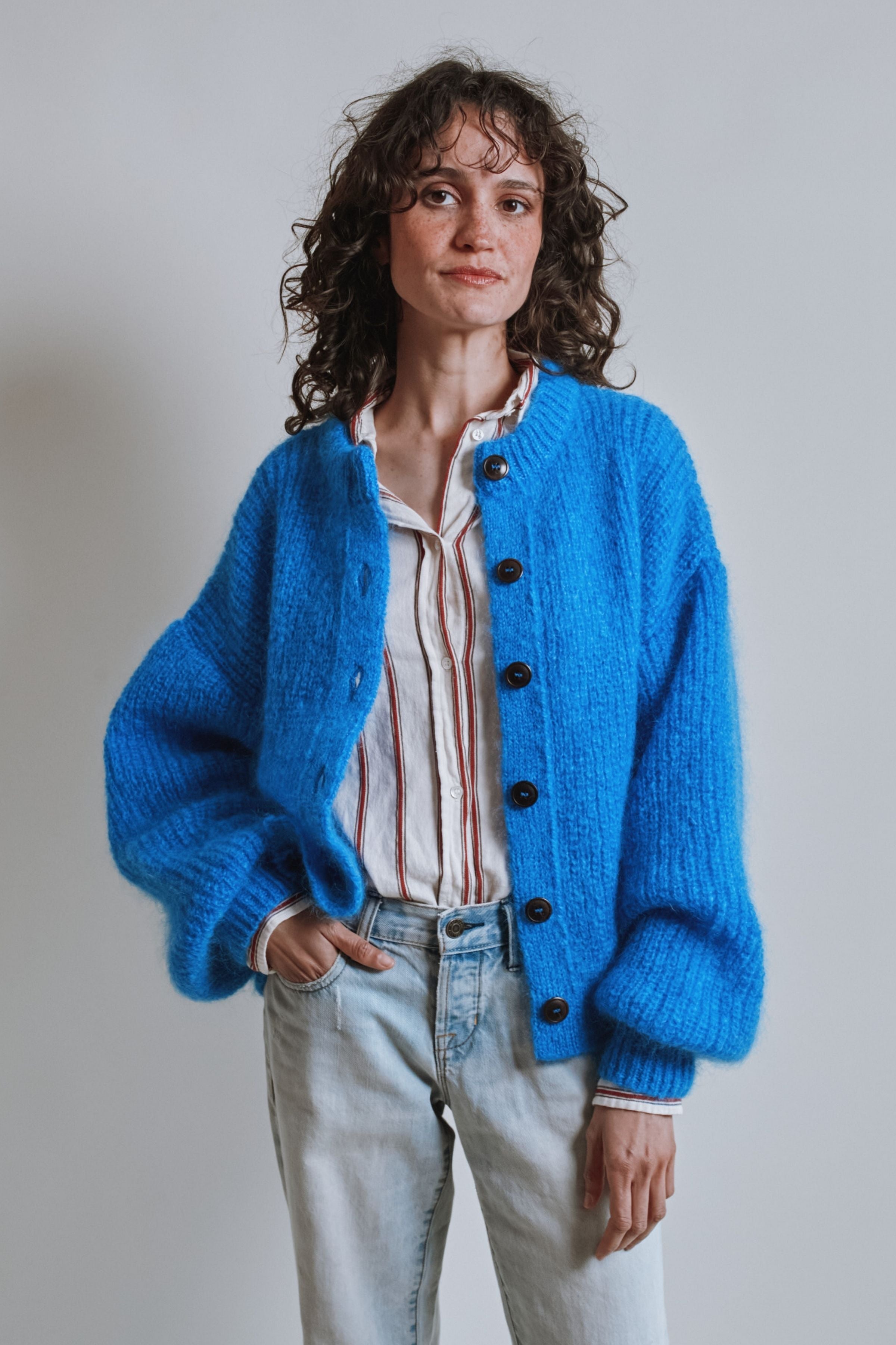 DIANA Balloon-Sleeve Cardigan in Mohair Wool - Cobalt Blue