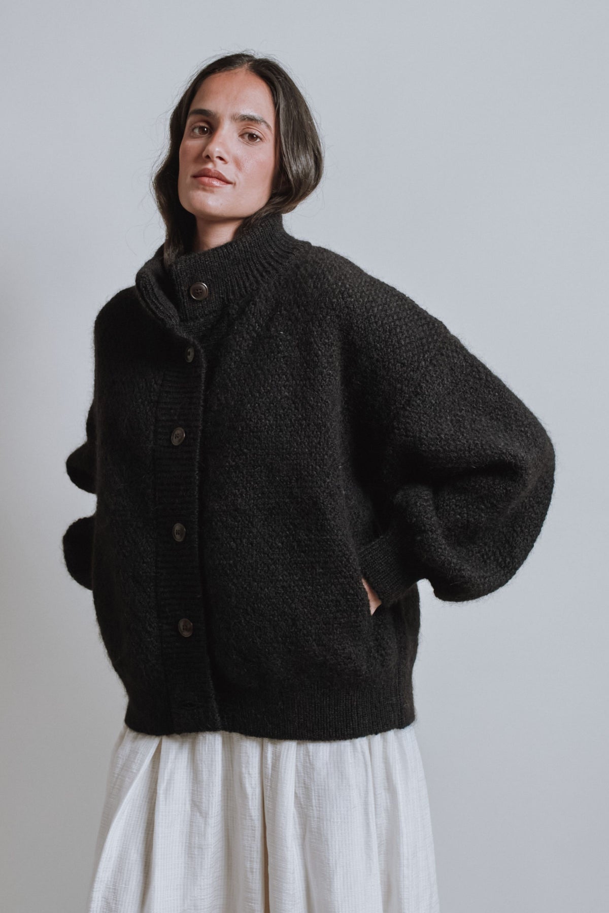 Veste à col montant GEORGE en laine mérinos et mohair - Noir
