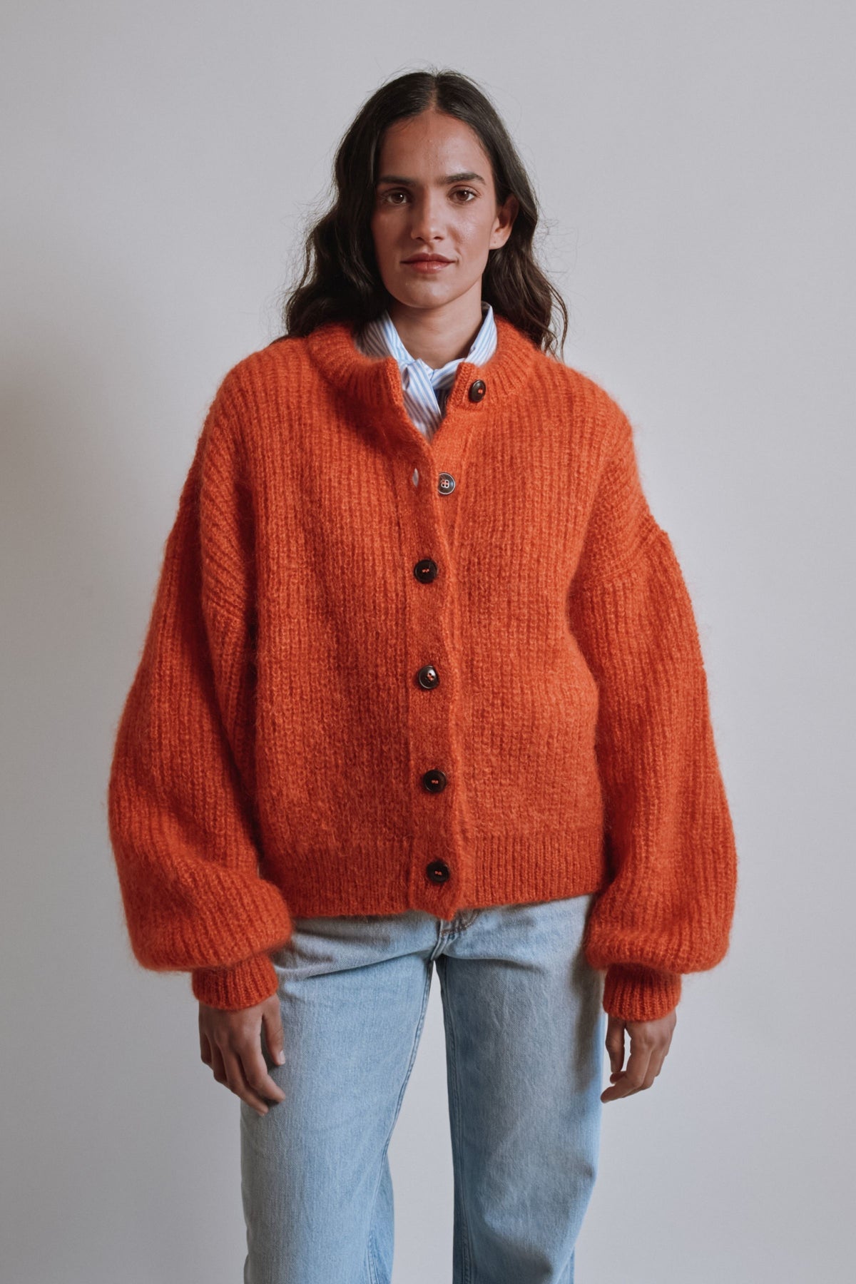 DIANA Balloon-Sleeve Cardigan in Mohair Wool - Burnt Orange
