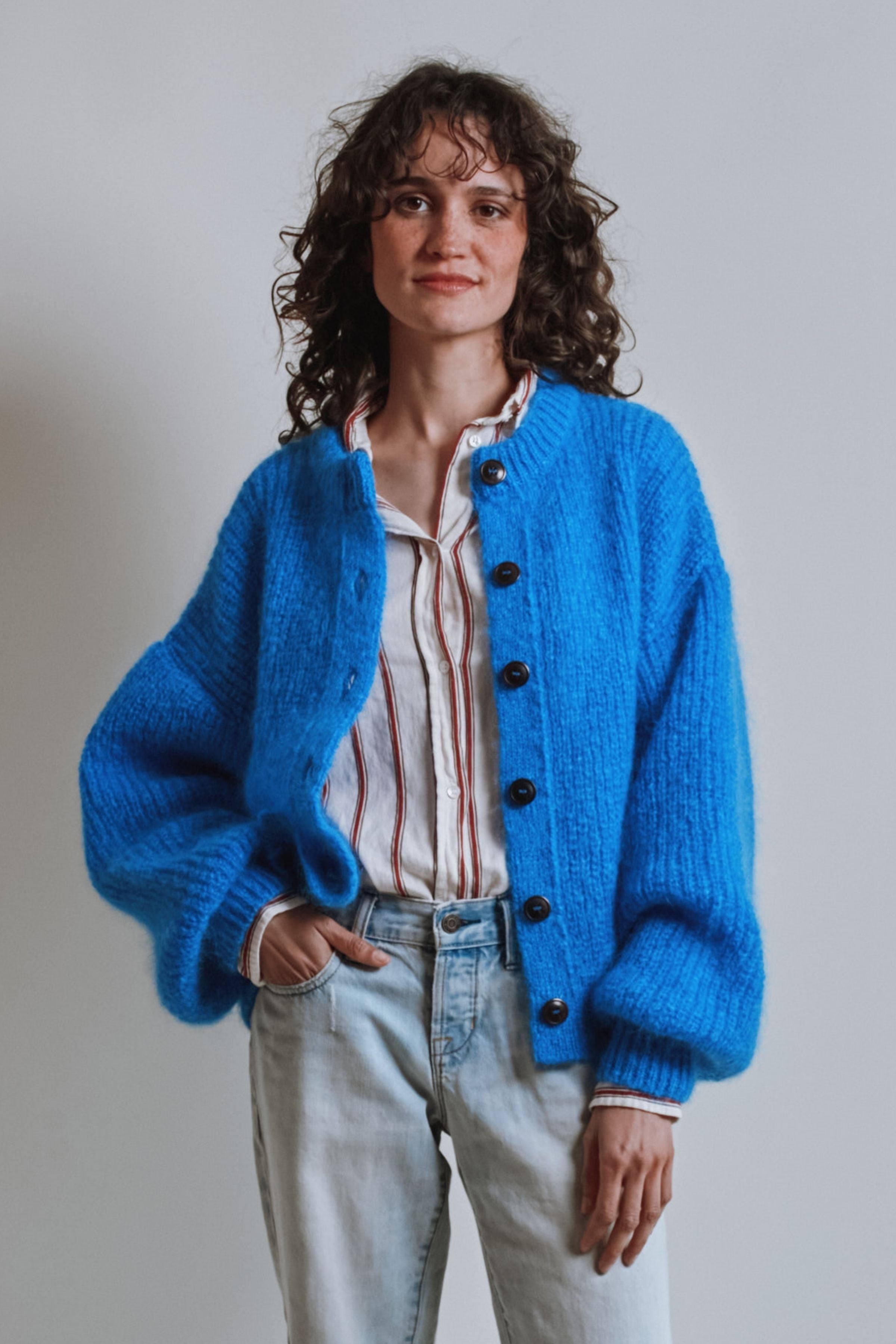 DIANA Balloon-Sleeve Cardigan in Mohair Wool - Cobalt Blue