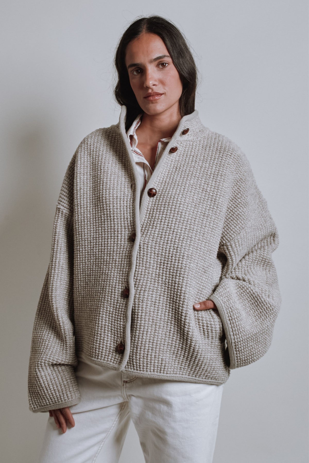DELPHINE Bell-Sleeve Knit Jacket in Merino Wool - Beige