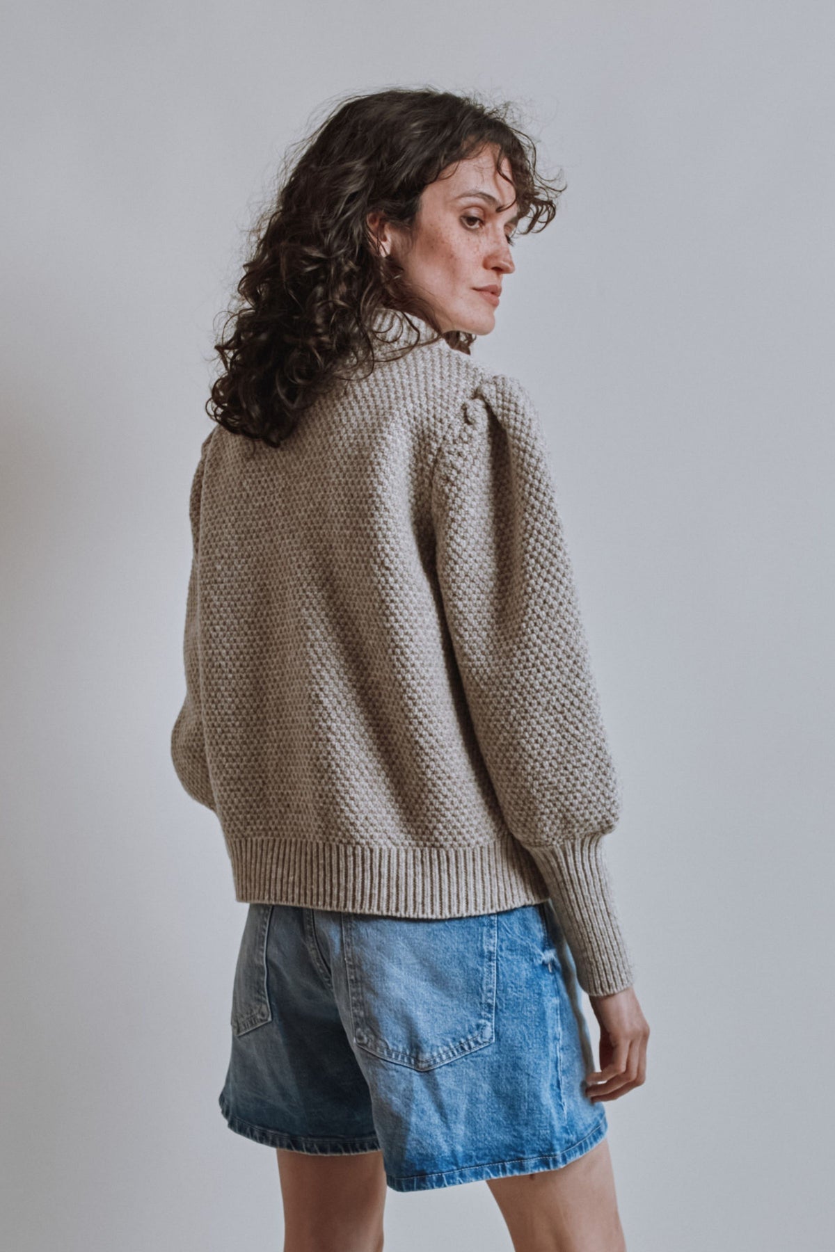ANAIS Puff Sleeve Cardigan in Merino Wool - Beige