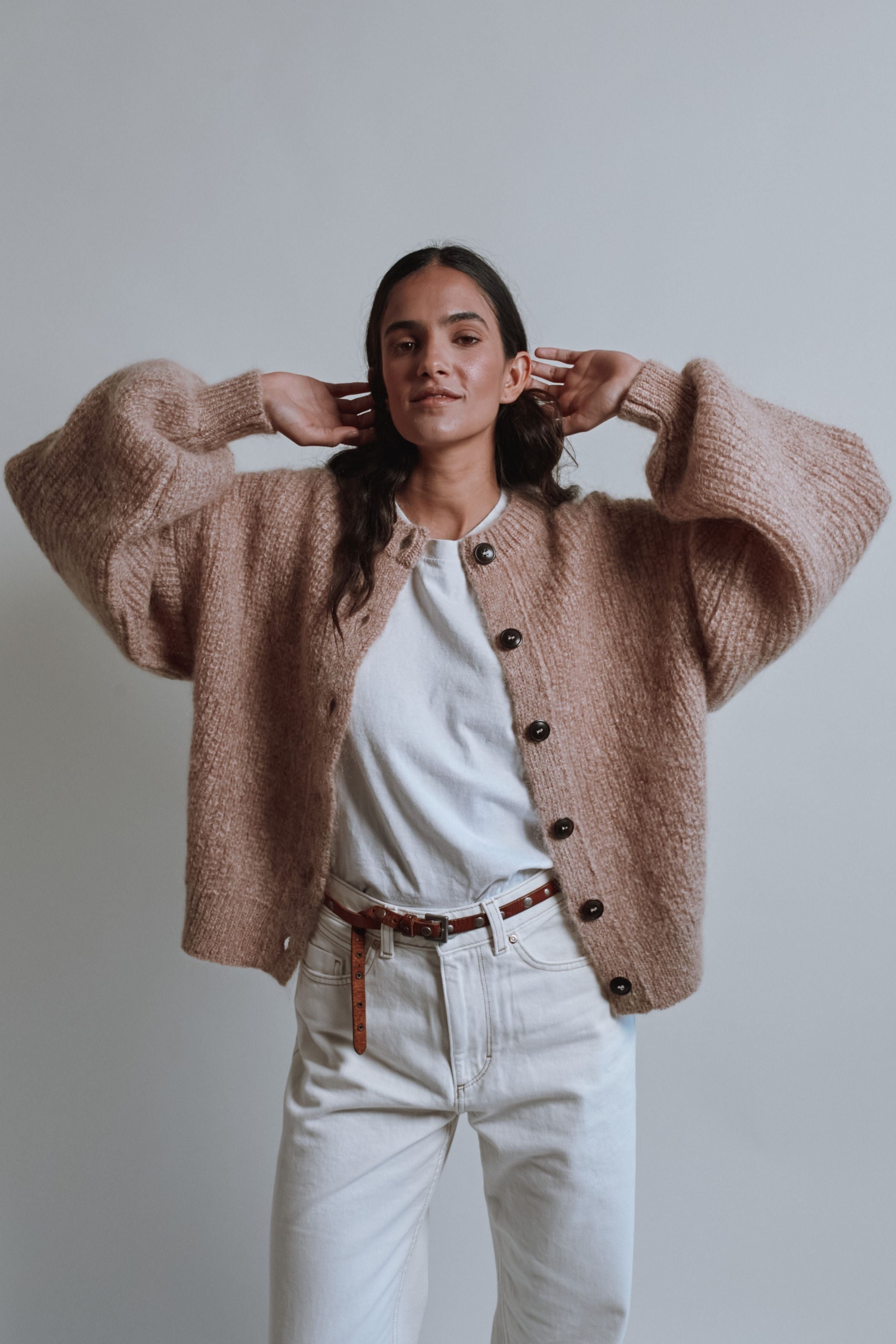DIANA Balloon-Sleeve Cardigan in Mohair Wool - Light Pink