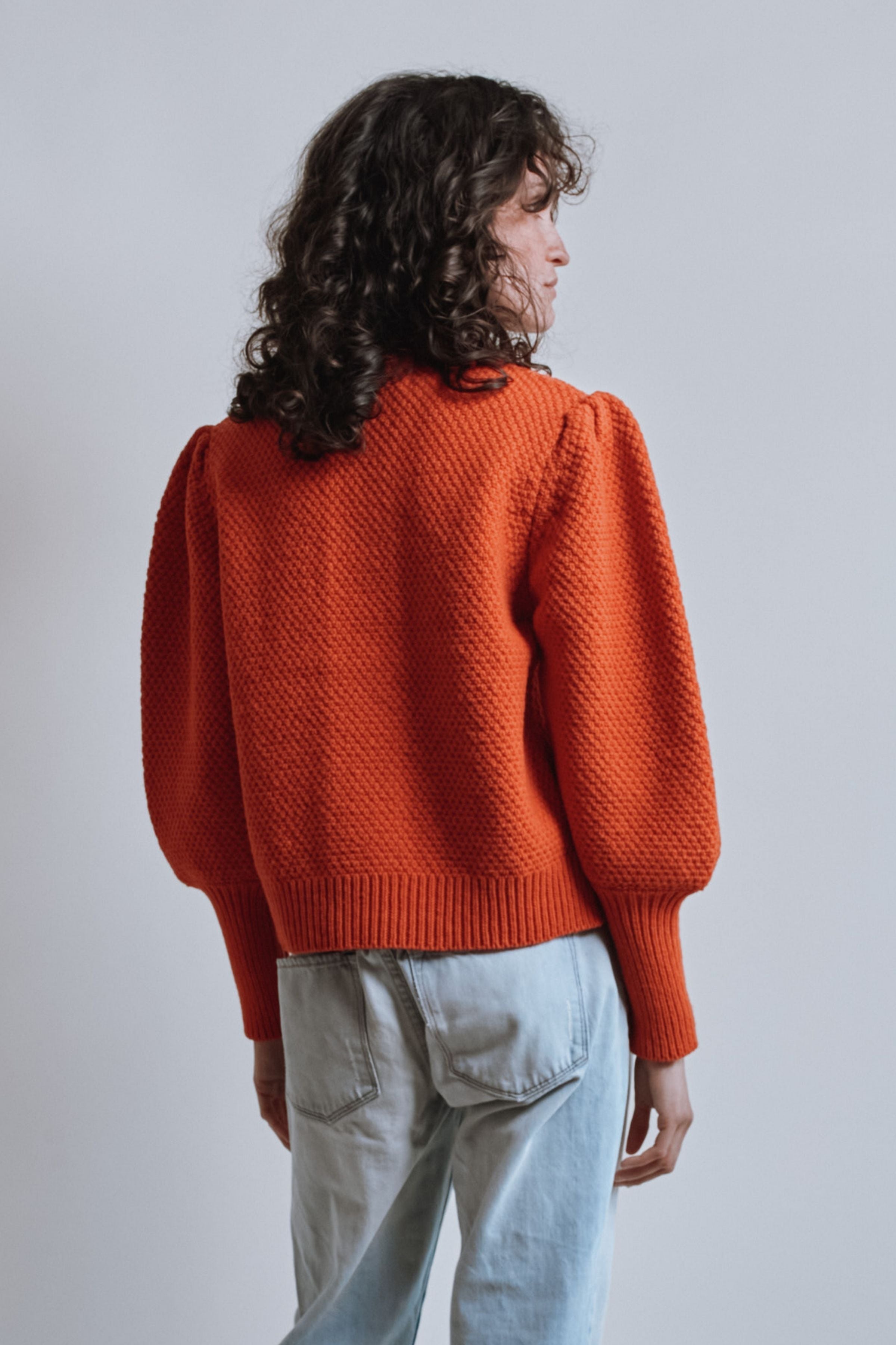Cardigan ANAIS à manches bouffantes, en laine mérinos - Orange brûlé