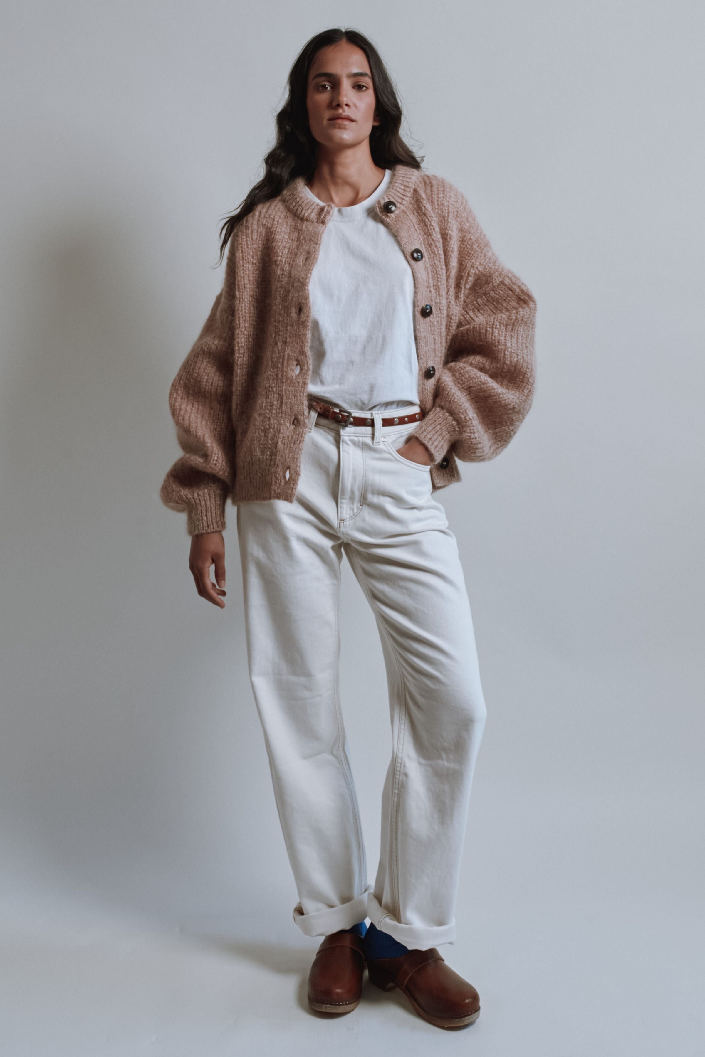 DIANA Balloon-Sleeve Cardigan in Mohair Wool - Light Pink