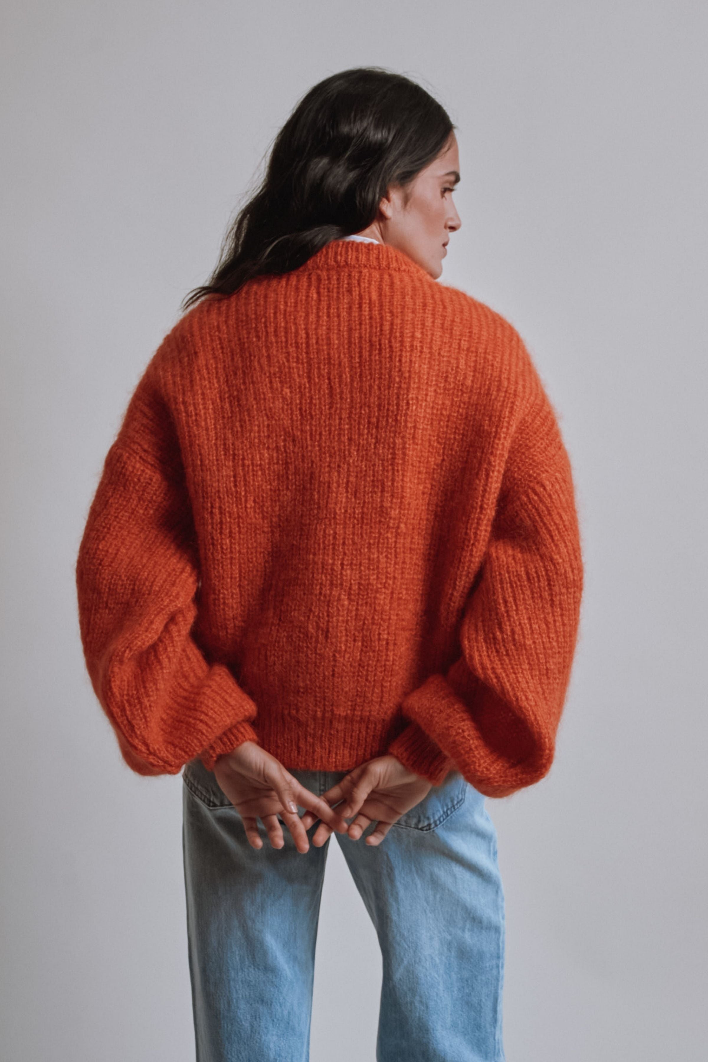 DIANA Balloon-Sleeve Cardigan in Mohair Wool - Burnt Orange