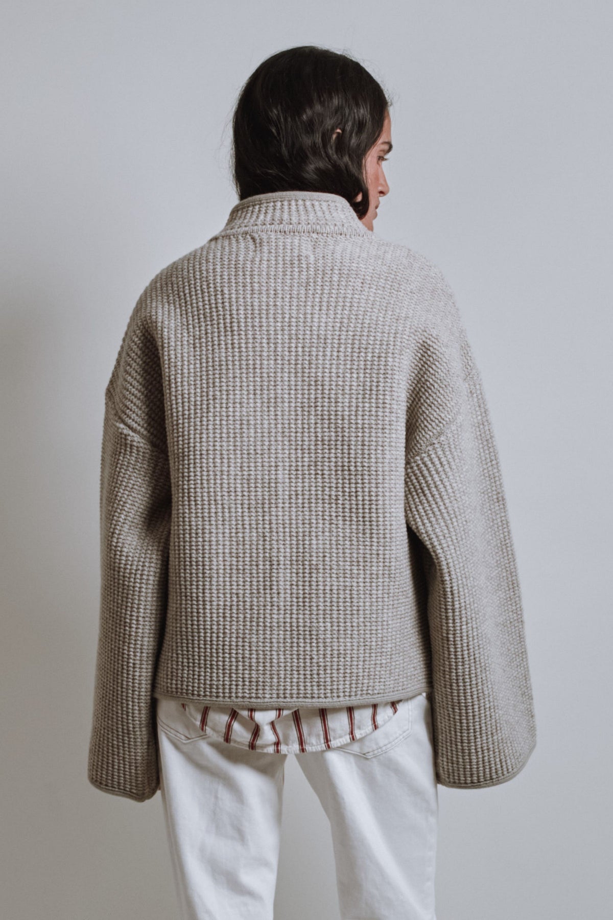 DELPHINE Bell-Sleeve Knit Jacket in Merino Wool - Beige