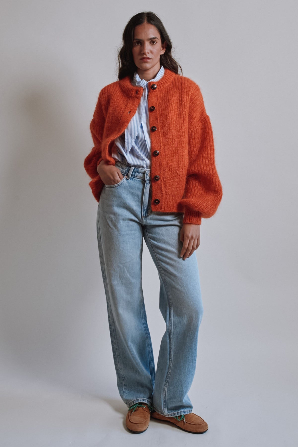 DIANA Balloon-Sleeve Cardigan in Mohair Wool - Burnt Orange