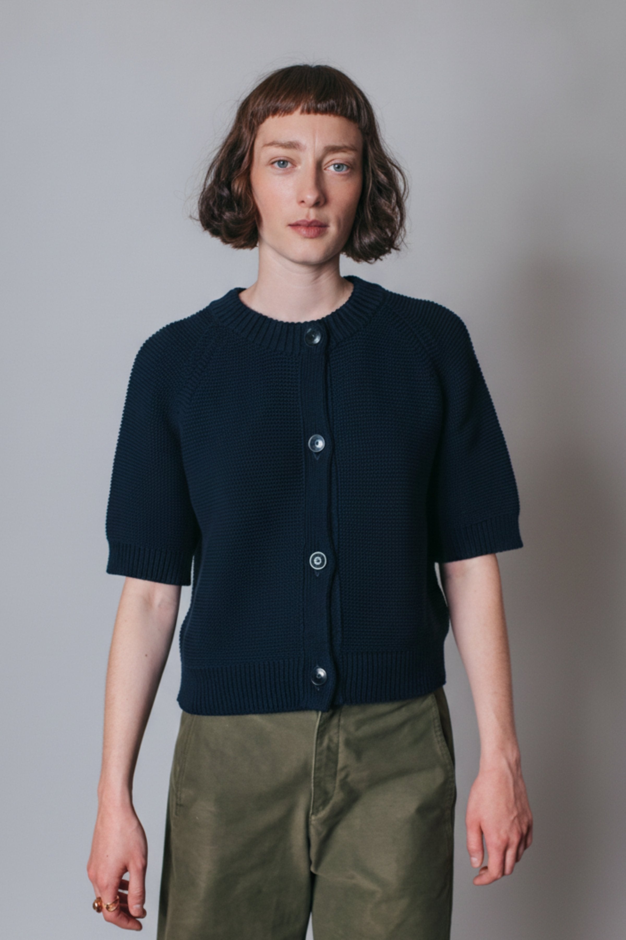 CLARISSE Short-Sleeve Cardigan in Organic Cotton - Navy Blue