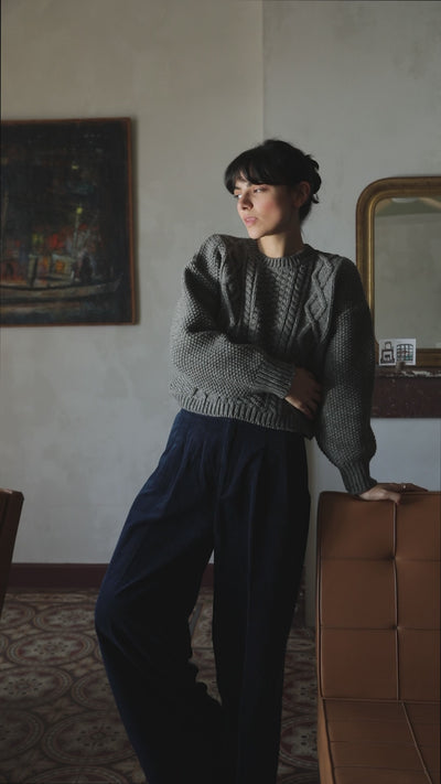 PAOLA Irish Cable Sweater in Merino Wool - Ash Grey - 100% cruelty- free and sustainable knitwear - L'envers 