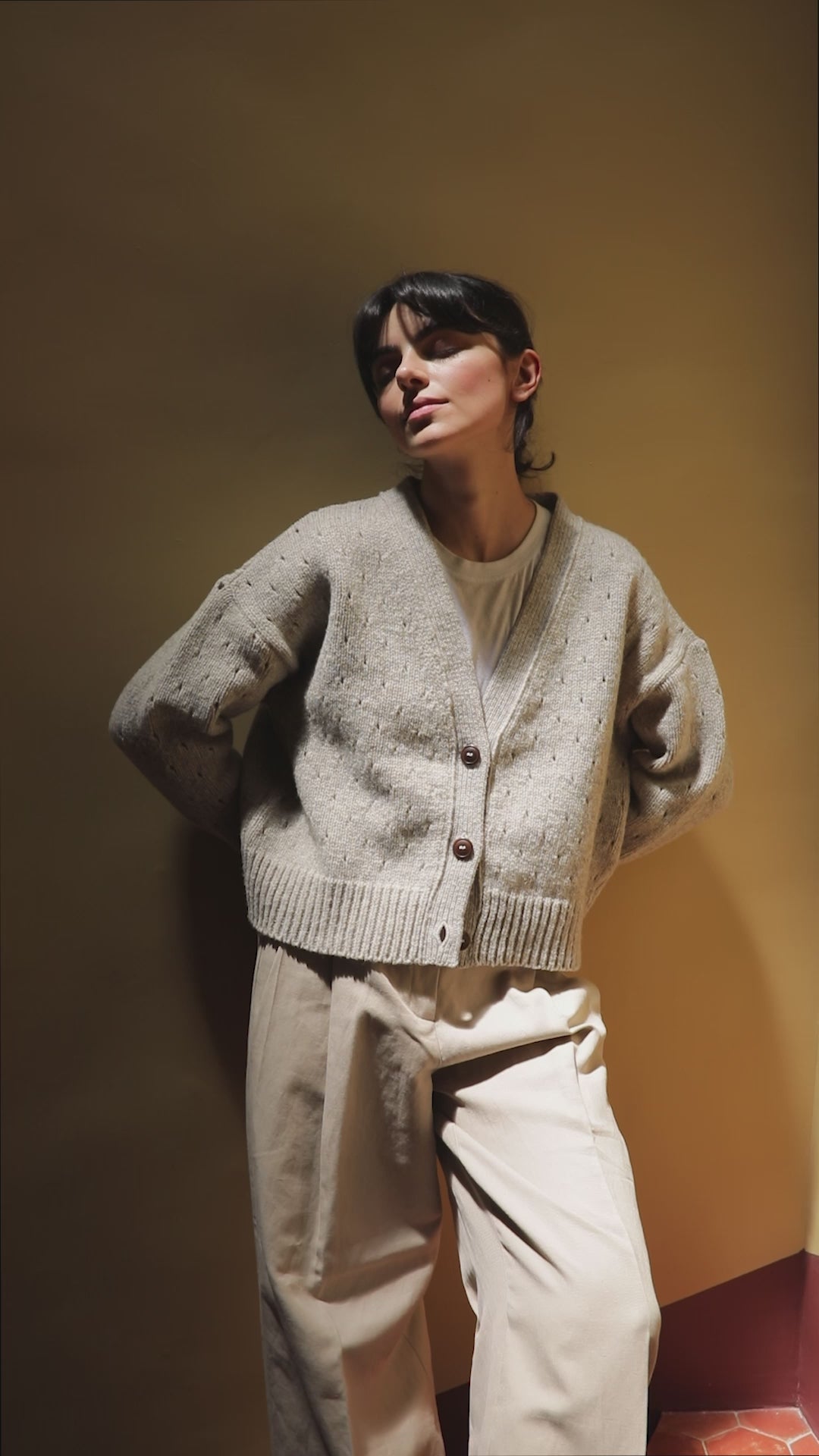 KATRINA Open Weave Cardigan in Merino Wool - Beige, 100% sustainable clothing - L'envers