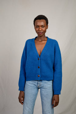 ANNA V Neck Blue Cardigan - 100% Cruelty Free Merino Wool - Spanish Merino Wool Cardigan - L'Envers
