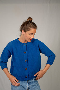 SERAPHINE Crew Neck Cardigan - 100% Cruelty Free Merino Wool in Blue Klein - Spanish Merino Wool Cardigan - L'Envers