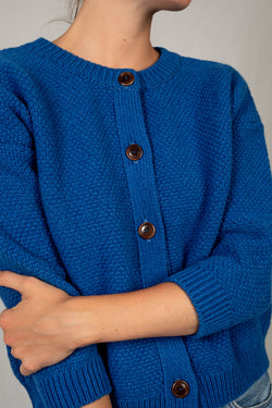 SERAPHINE Crew Neck Merino Wool Cardigan - 100% Cruelty Free Merino Wool in Blue Klein - L'Envers