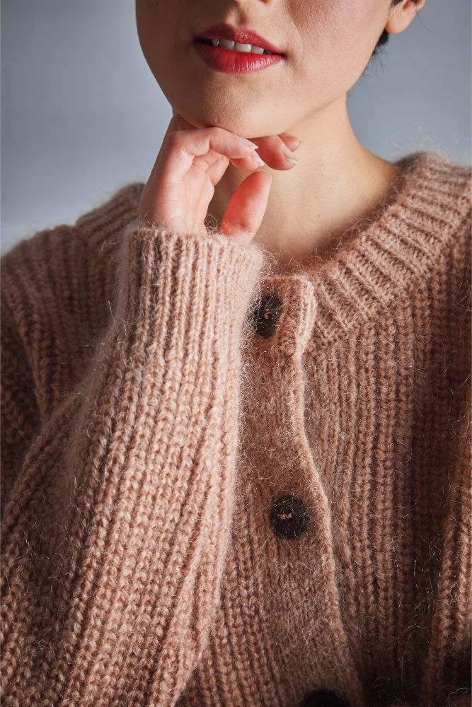CHARLOTTE Round-Neck Cardigan in Merino-Mohair Wool - Light Pink - 100% cruelty-free, sustainable knitwear - L'envers