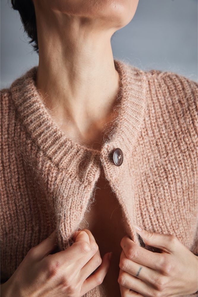 CHARLOTTE Round-Neck Cardigan in Merino-Mohair Wool - Light Pink - 100% cruelty-free, sustainable knitwear - L'envers