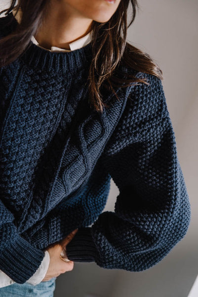 PAOLA Irish Cable Sweater in navy blue - 100% Cruelty Free Merino Wool - L'Envers